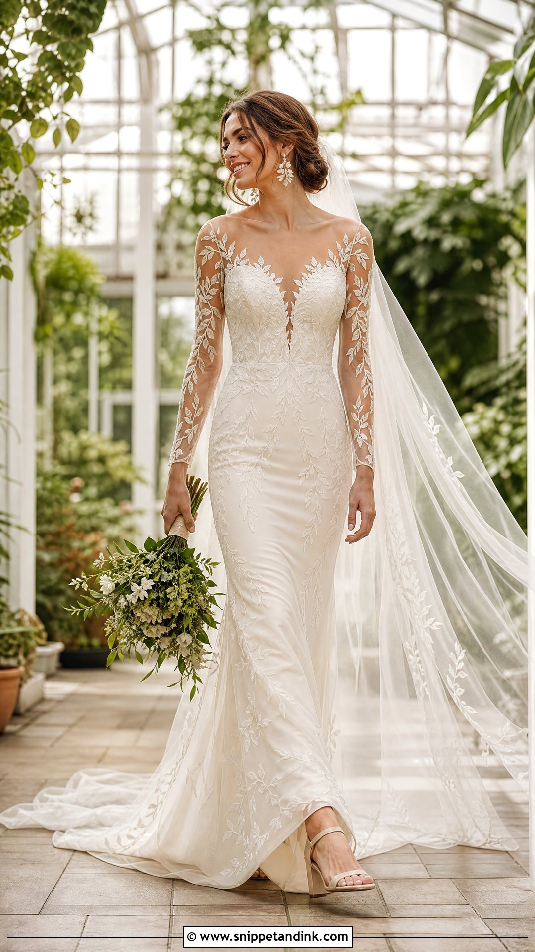 Embroidered Vine Sheer Sleeve Wedding Dress - Snippet and Ink - 20 Sheer Sleeve Wedding Dress Ideas