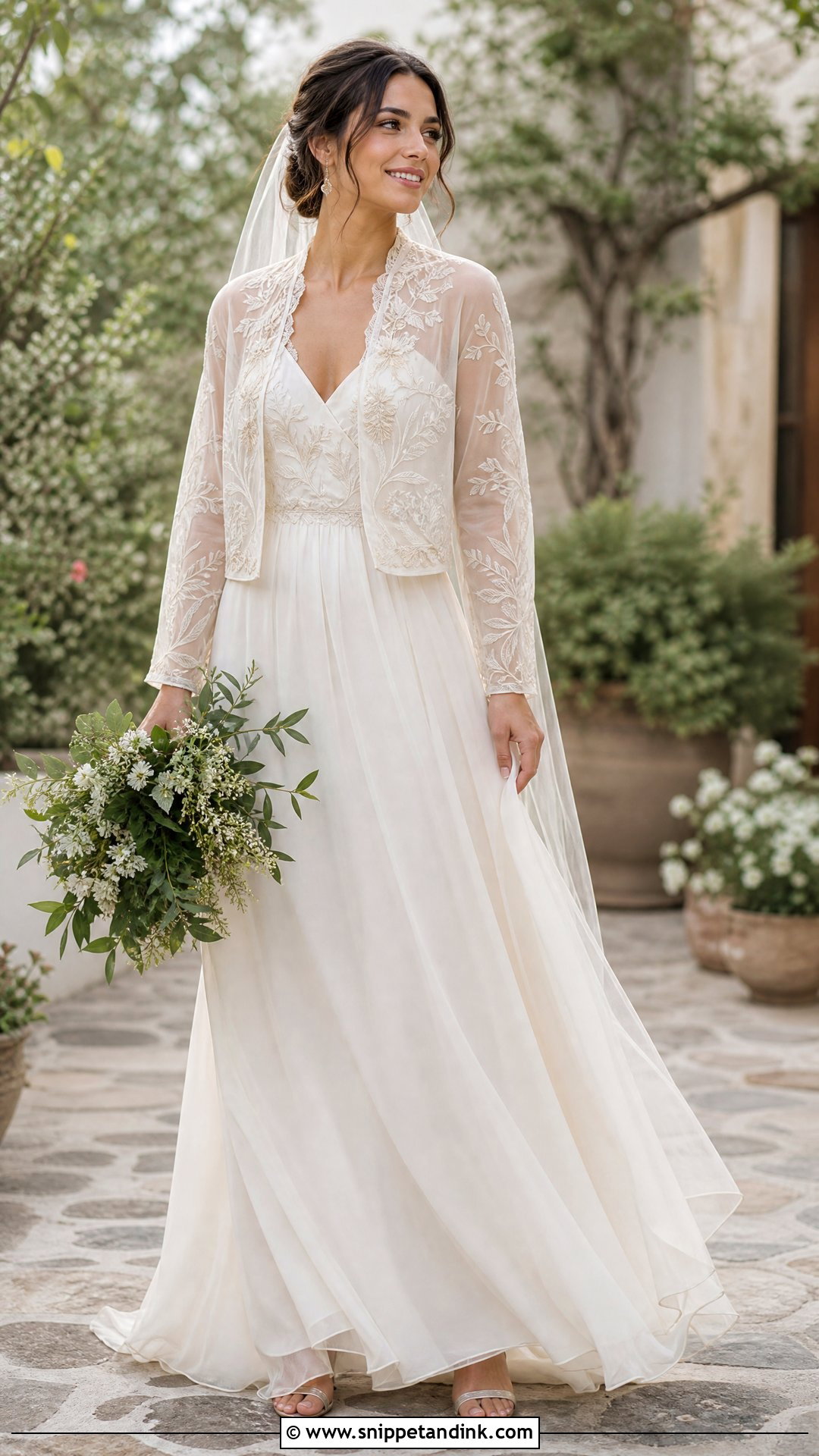 Embroidered Wedding Bolero Jacket With Chiffon Dress - Snippet and Ink - 20 Wedding Bolero Jacket Ideas