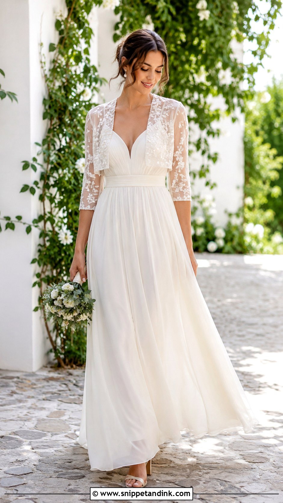 Embroidered Wedding Bolero With Chiffon Dress - Snippet and Ink - 25 Wedding Bolero Ideas