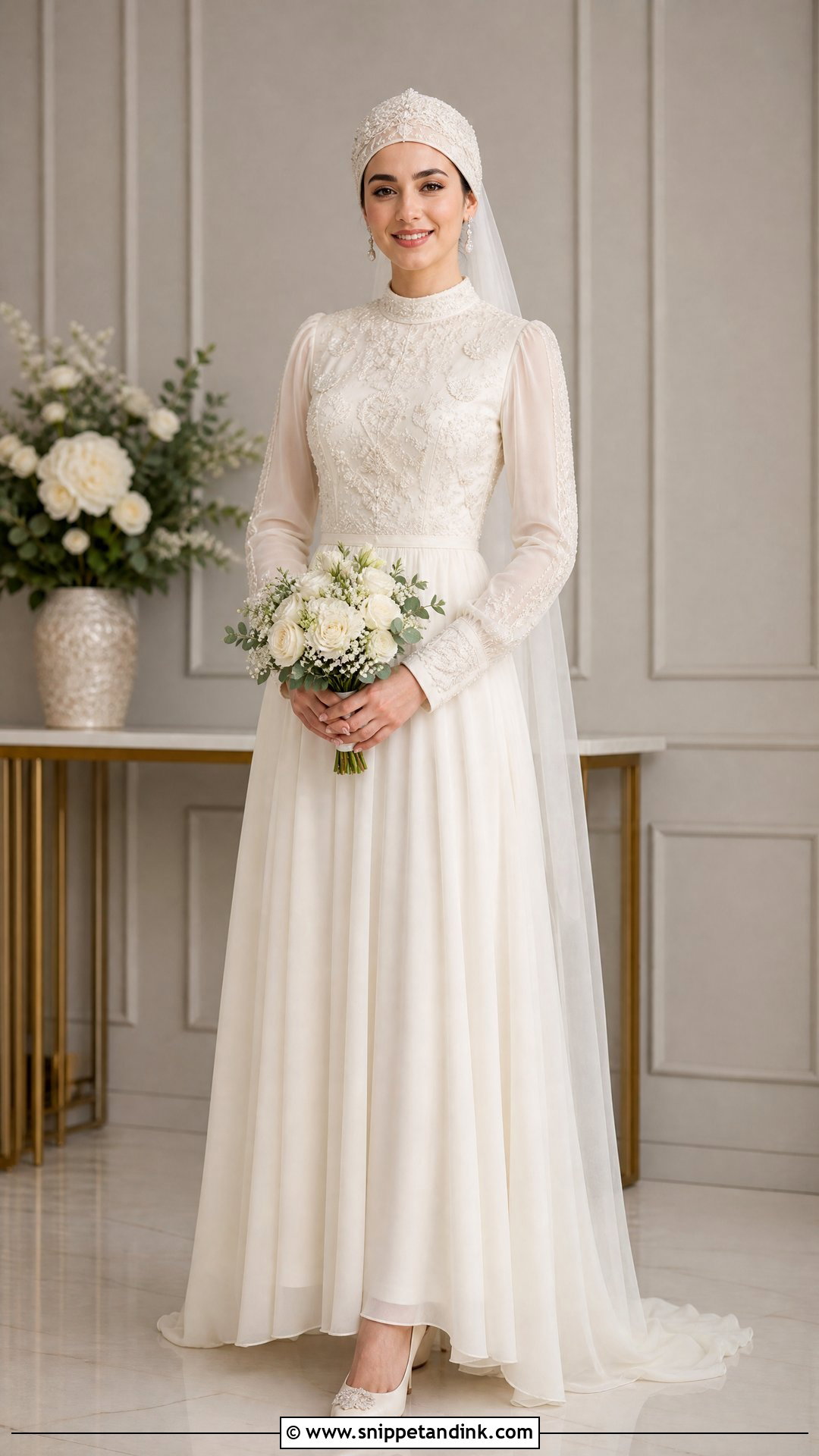 Embroidered Wedding Cap With Modest Gown - Snippet and Ink - 20 Wedding Cap Ideas