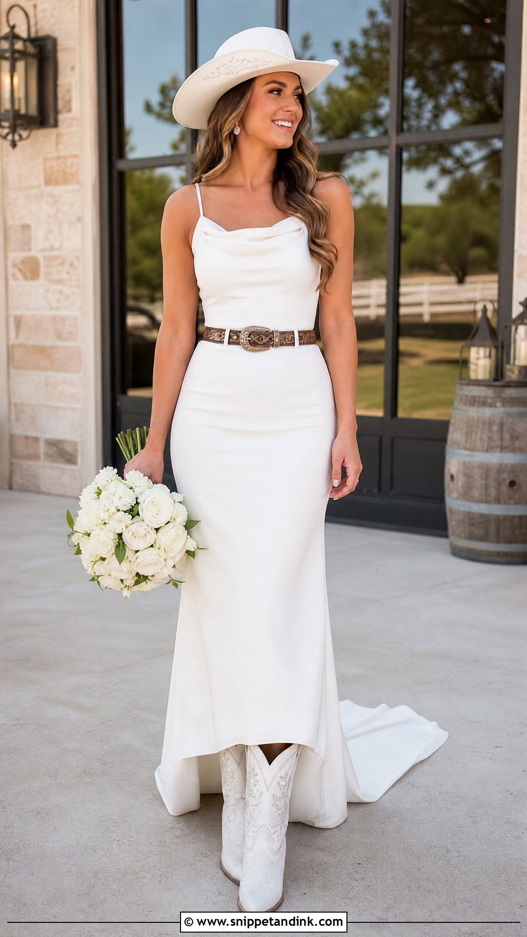 Embroidered Wedding Cowgirl Hat With Simple Gown - Snippet and Ink - 20 Wedding Cowgirl Hat Ideas