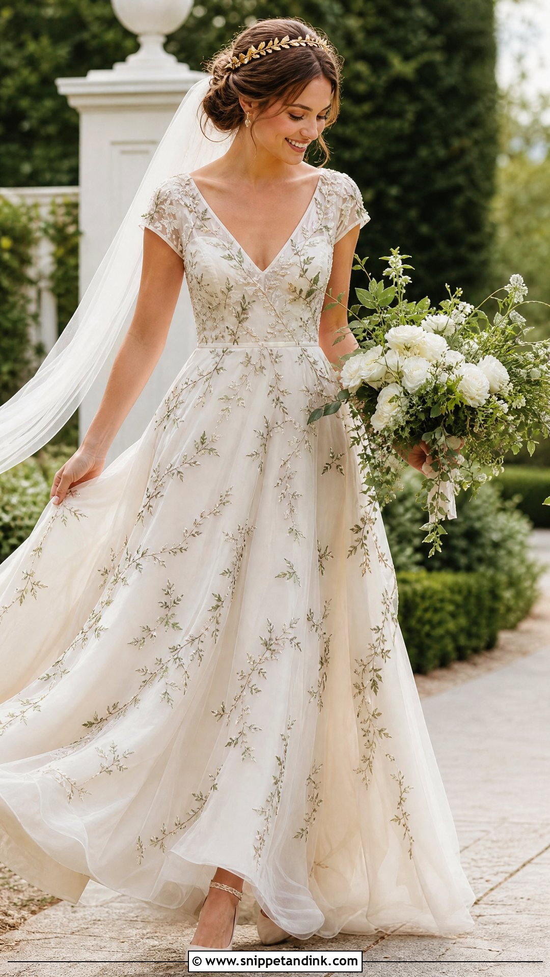 Embroidered Wedding Dress With Leaf Crown - Snippet and Ink - 20 Wedding Dress with Crown Ideas