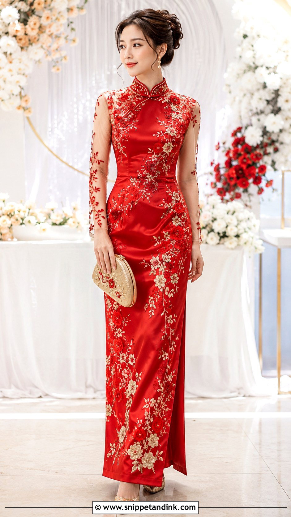 Embroidered Wedding Qipao With Sheer Sleeves - Snippet and Ink - 20 Wedding Qipao Ideas