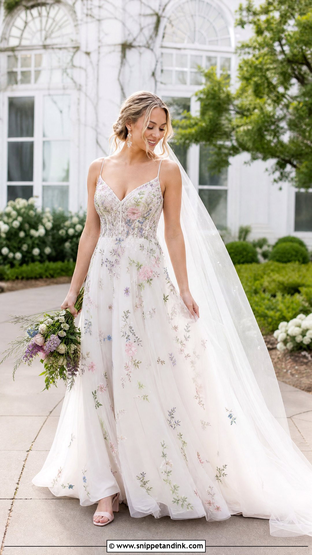 Embroidered Wildflower A Line Bridal Dress - Snippet and Ink - 25 Floral Bridal Dress Ideas