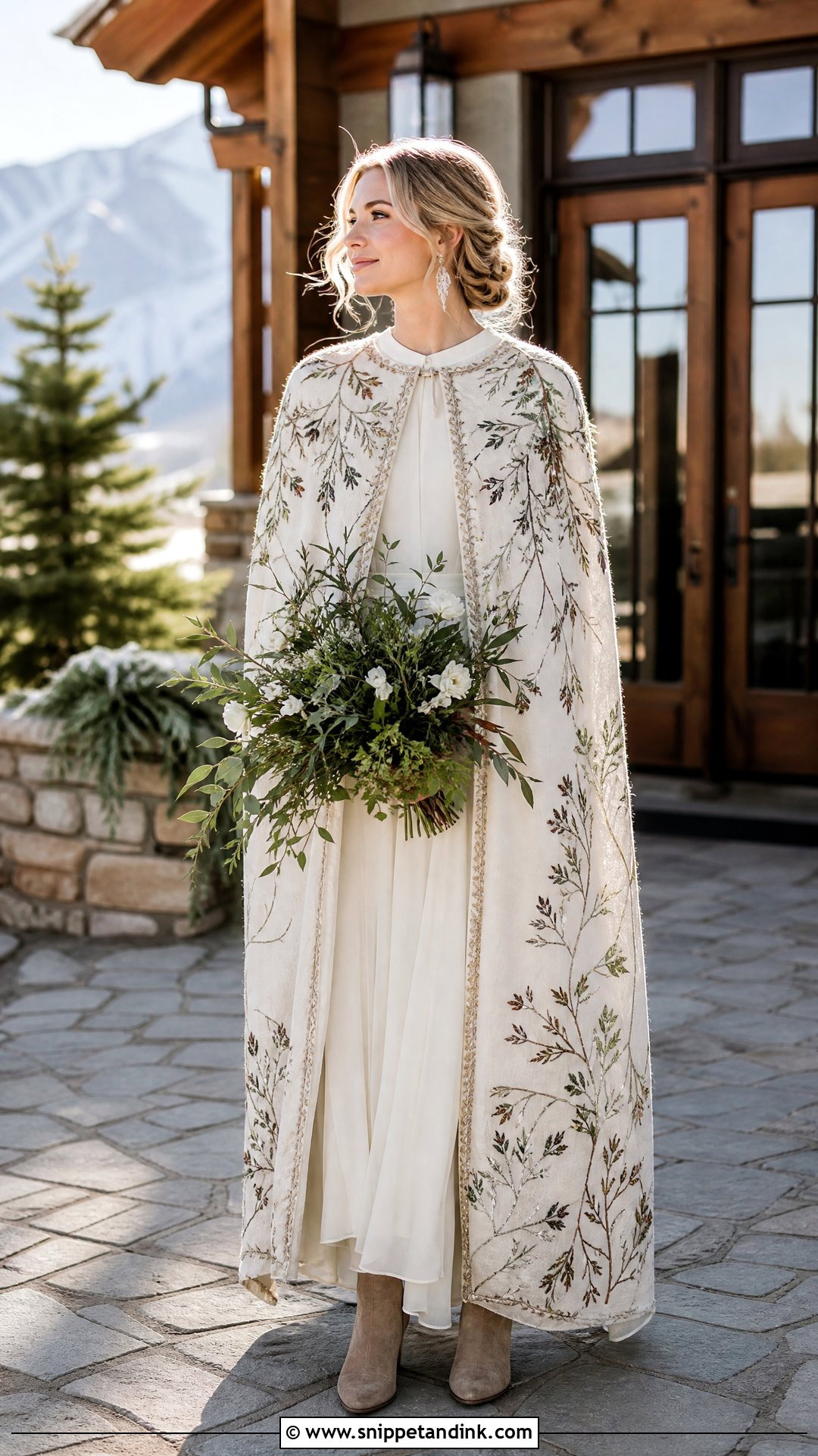 Embroidered Winter Wedding Cape With Boho Dress - Snippet and Ink - 20 Winter Wedding Cape Ideas