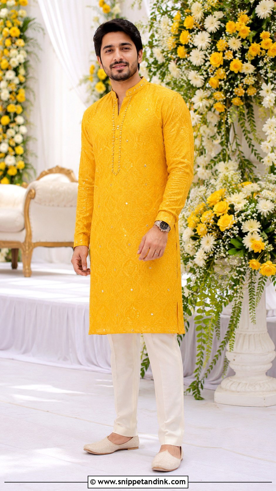 Embroidered Yellow Haldi Kurta With Pajama - Snippet and Ink - 20 Haldi Outfit for Bride Brother Ideas