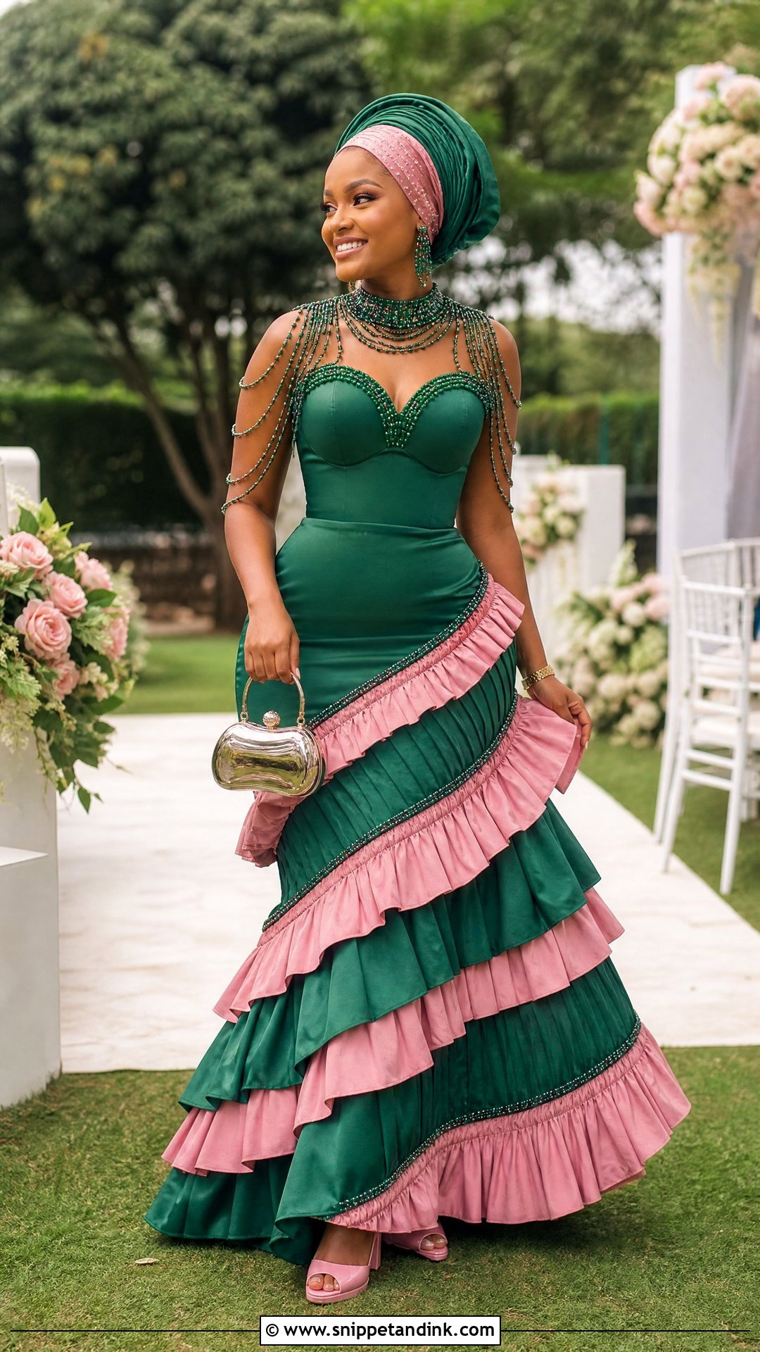 Emerald And Pink Ruffle Sepedi Dress - Snippet and Ink - 25 Sepedi Traditional Wedding Dresses