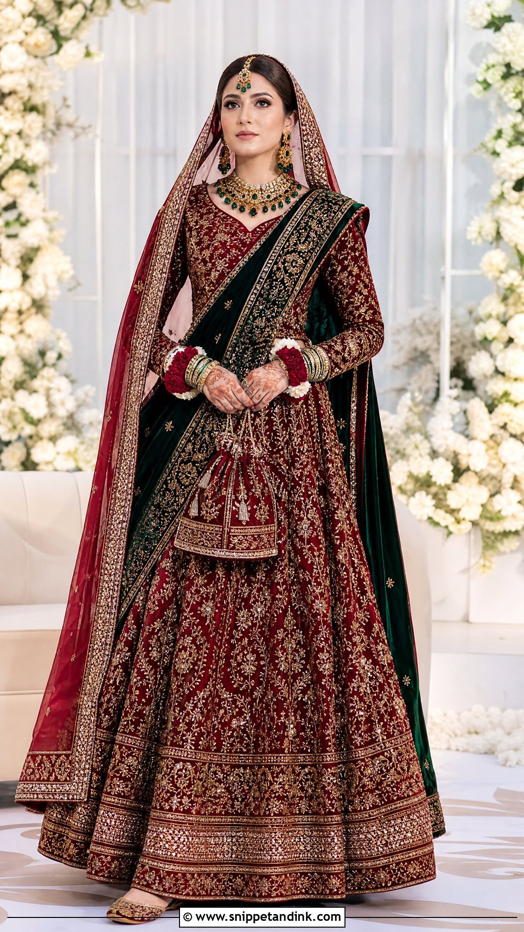 Emerald And Red Pakistani Barat Bridal Lehenga - Snippet and Ink - 20 Pakistani Barat Bridal Dress Ideas