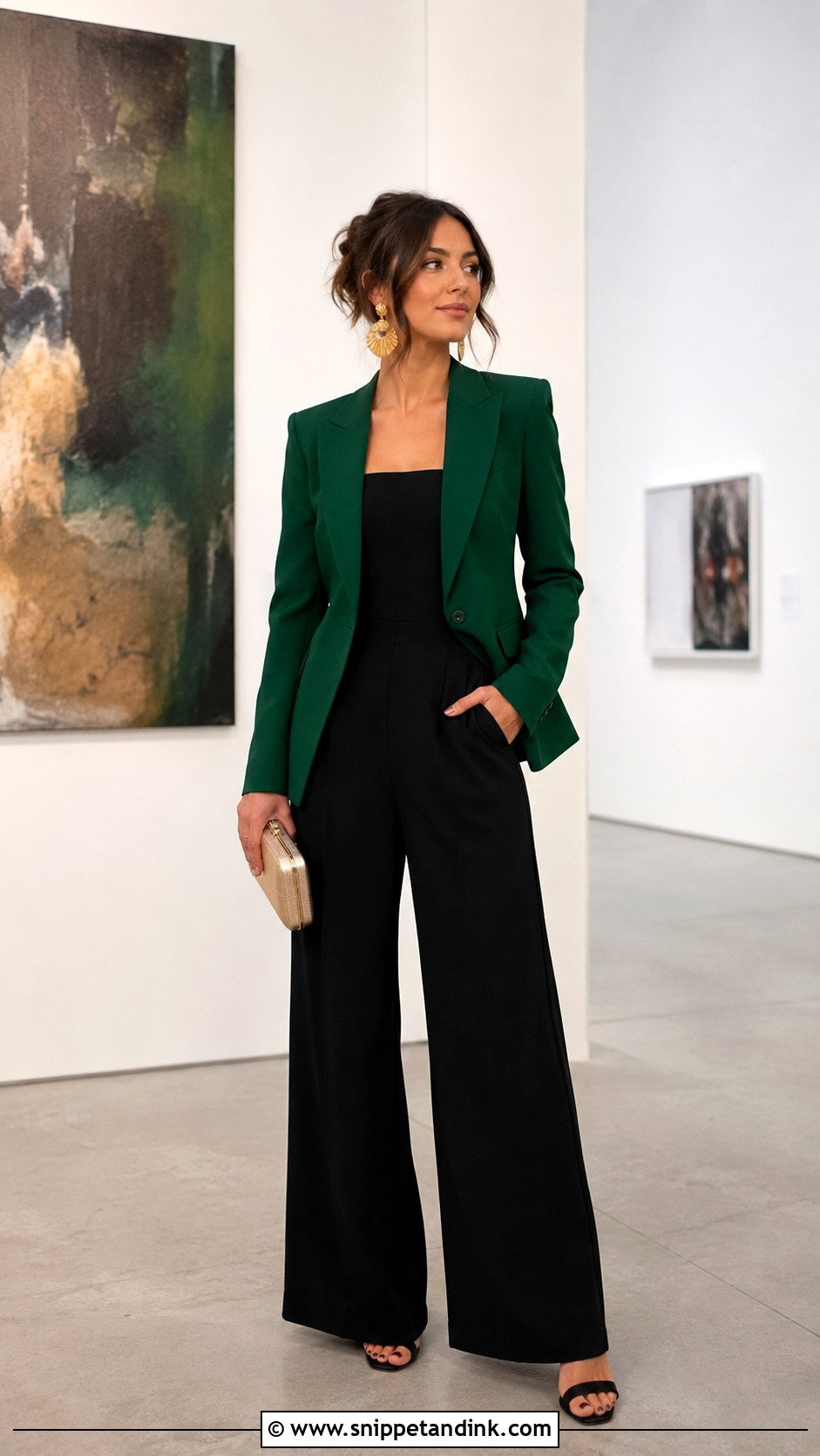 Emerald Blazer With Black Jumpsuit - Snippet and Ink - 20 Blazer Outfit for Wedding Ideas