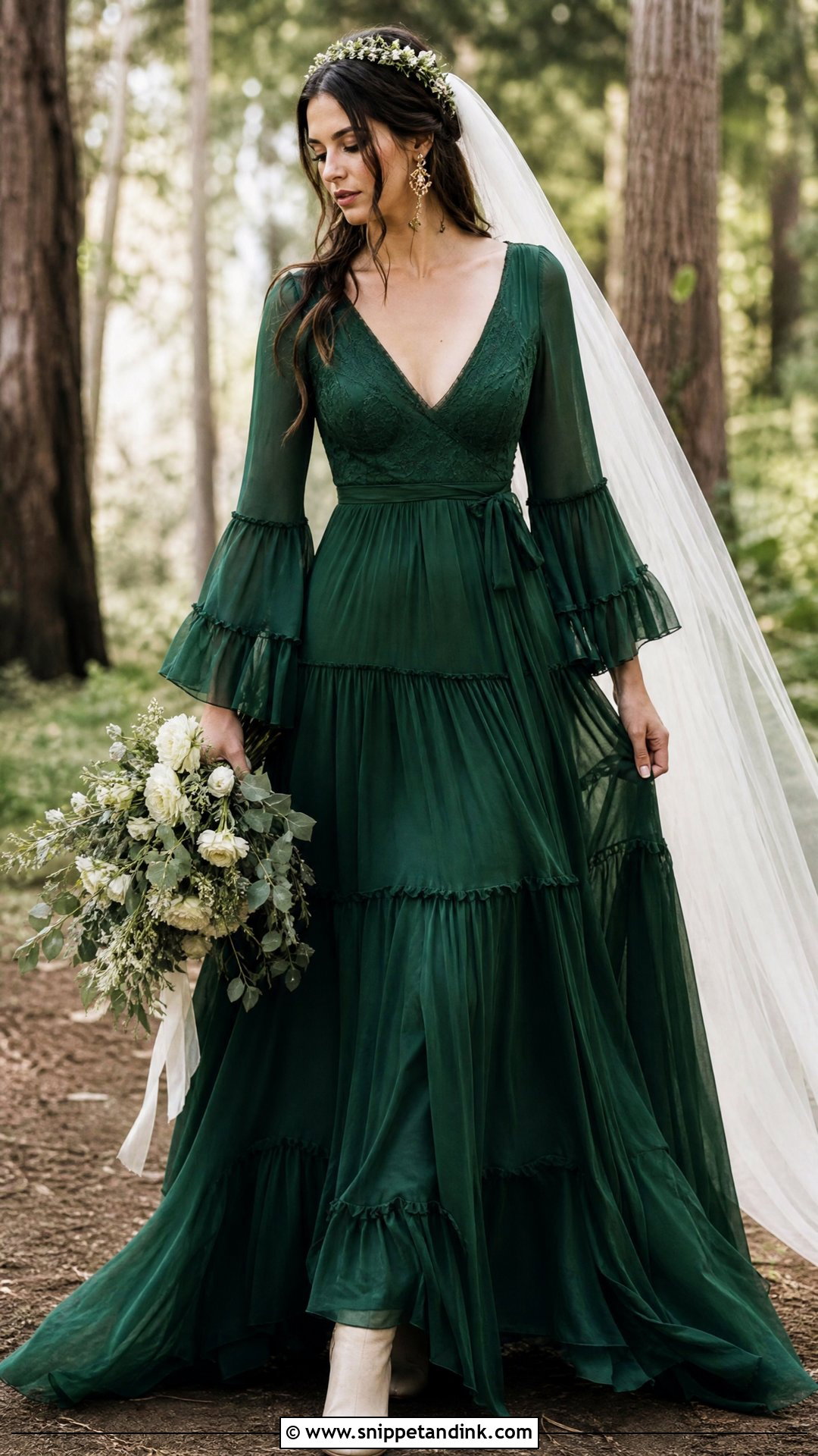 Emerald Boho Tiered Wedding Dress - Snippet and Ink - 25 Emerald Wedding Dress Ideas
