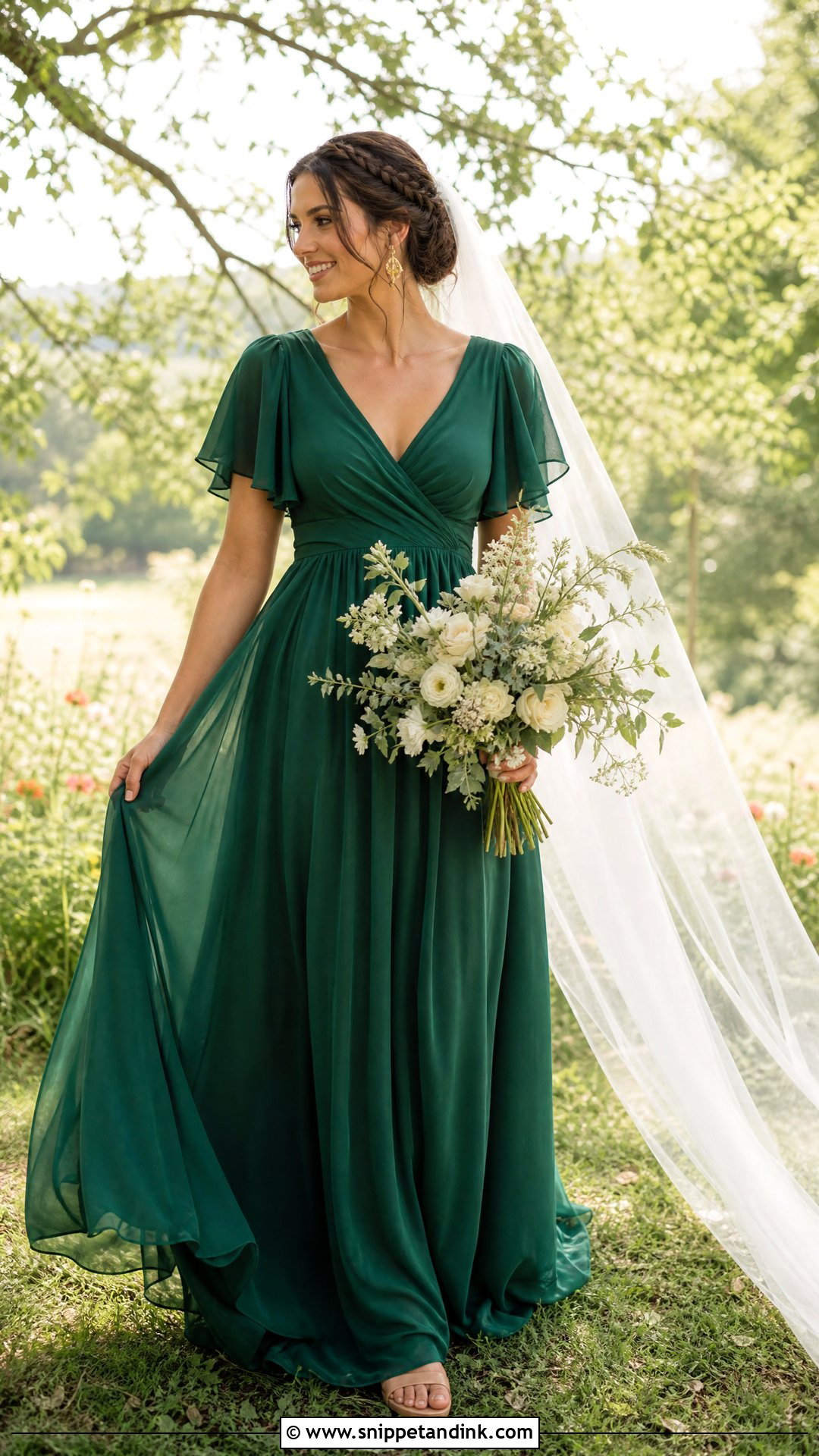 Emerald Chiffon Empire Waist Wedding Dress - Snippet and Ink - 25 Emerald Wedding Dress Ideas