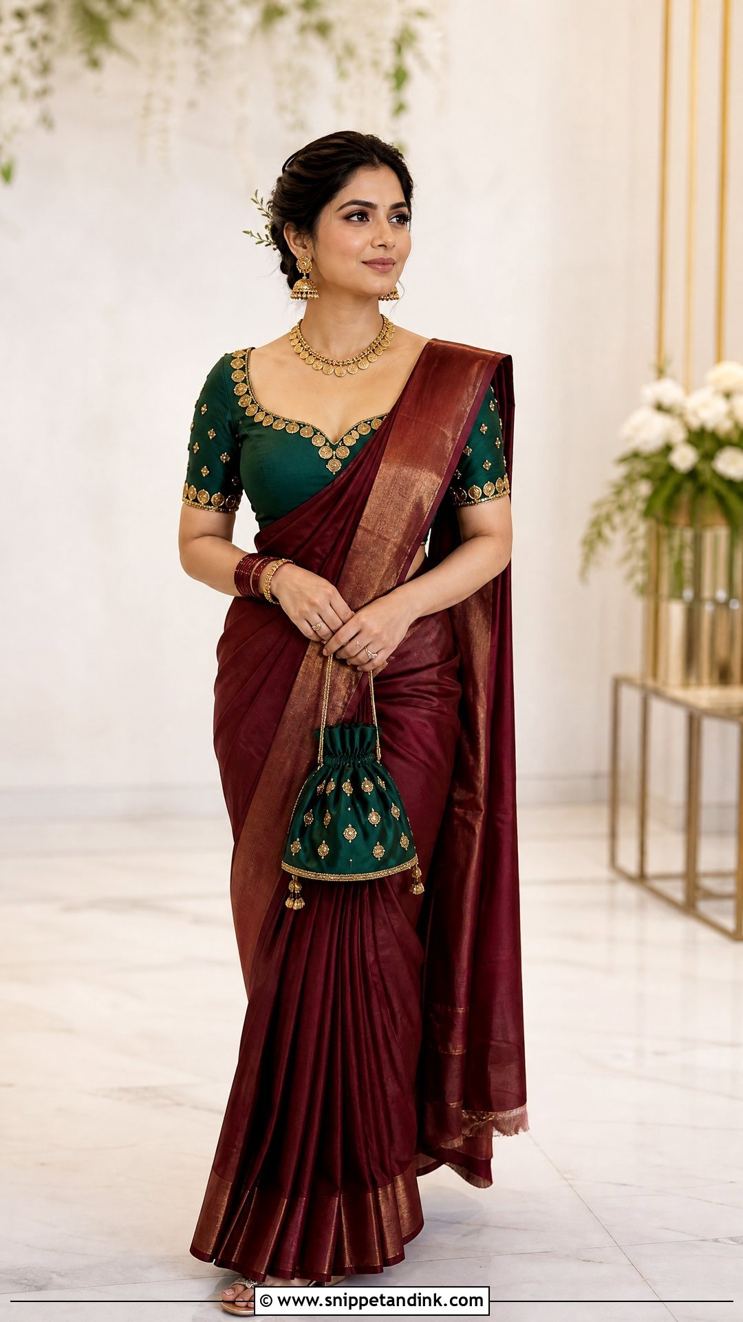 Emerald Coin Maggam Work Blouse With Maroon Saree - Snippet and Ink - 20 Wedding Maggam Work Blouse Designs