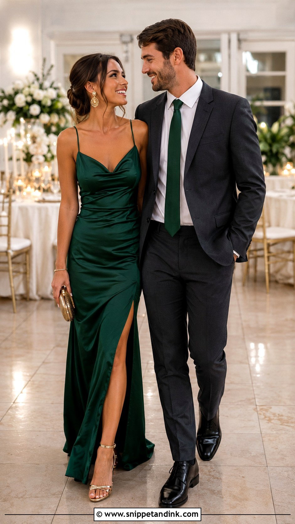 Emerald Dress And Charcoal Suit Wedding Outfit - Snippet and Ink - 25 Couple Contrast Outfits for Wedding