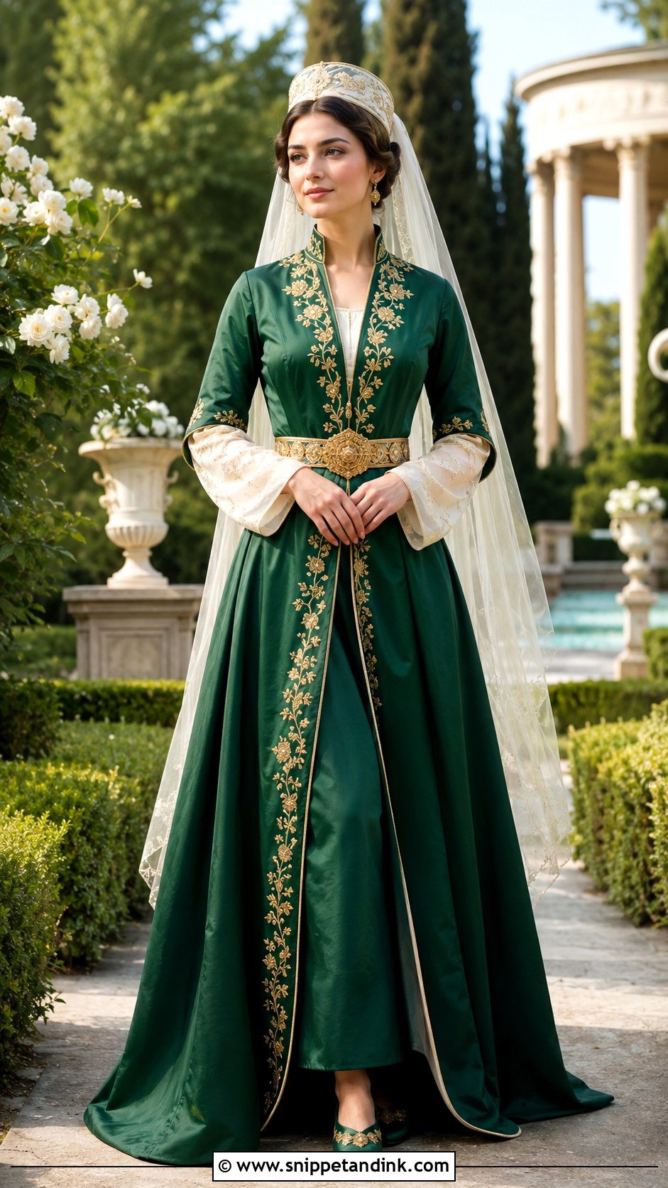 Emerald Georgian Wedding Dress With Gold Belt - Snippet and Ink - 20 Georgian Traditional Wedding Dress Ideas