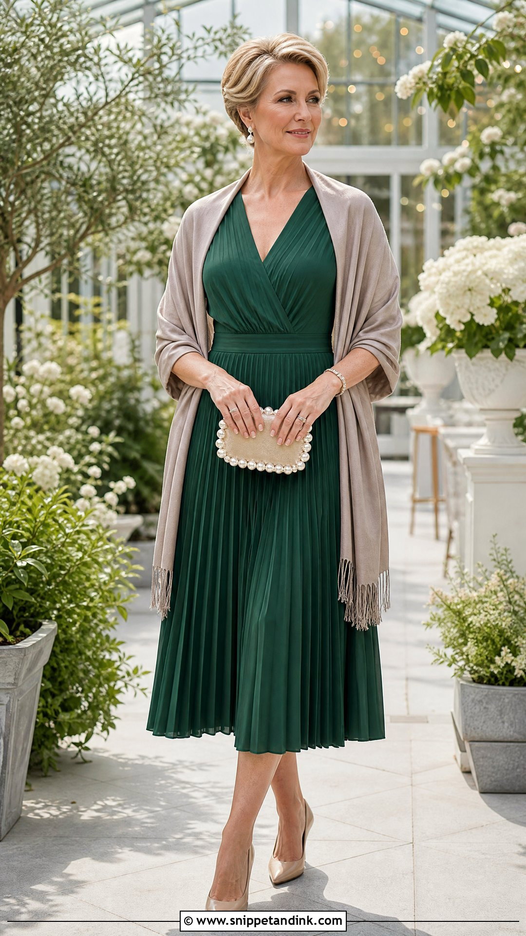 Emerald Green A Line Midi Dress With Pearl Accessories - Snippet and Ink - 25 Emerald Green Dress Outfit Wedding Ideas