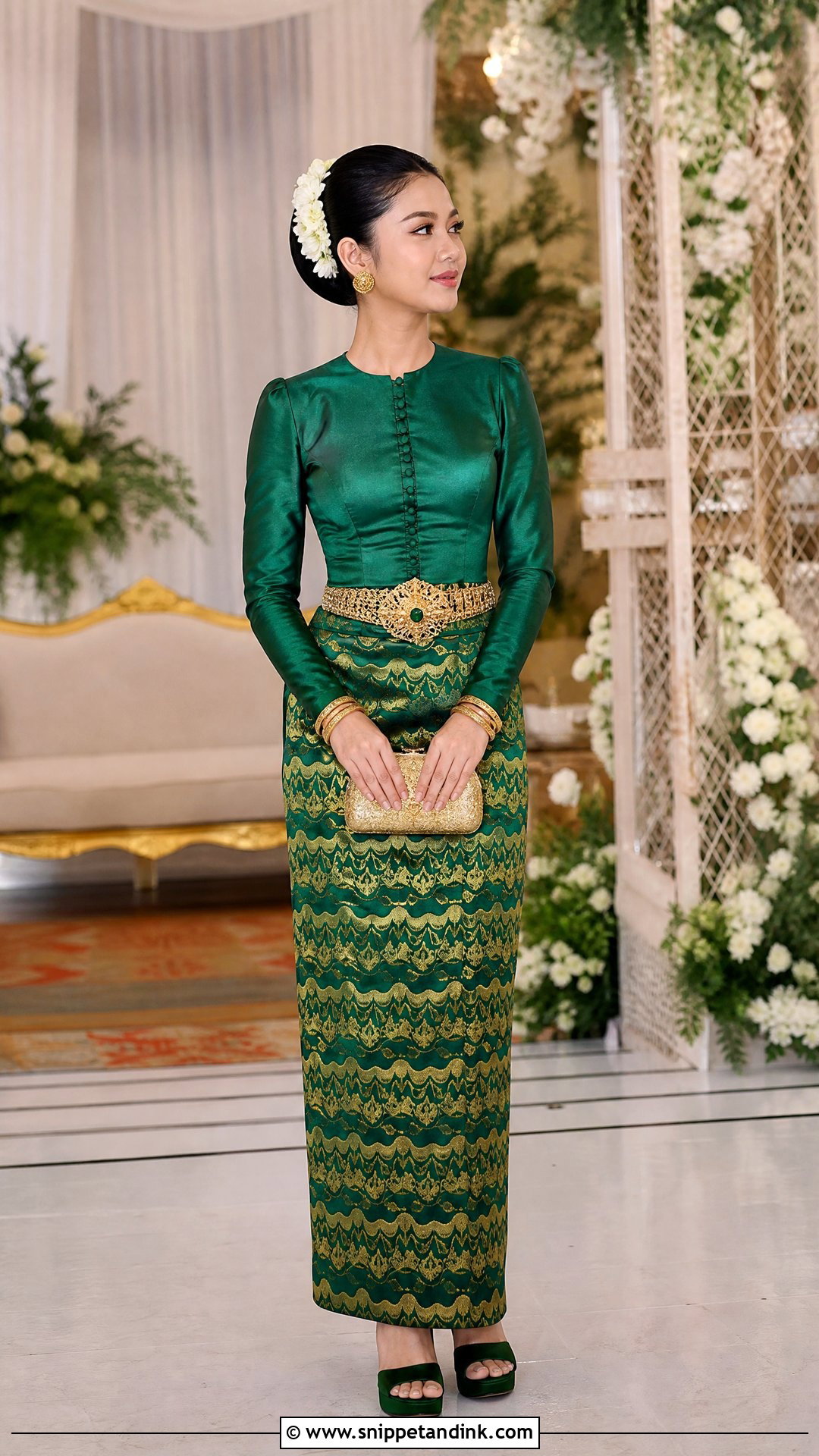 Emerald Green Acheik Myanmar Wedding Dress - Snippet and Ink - 20 Myanmar Wedding Dresses
