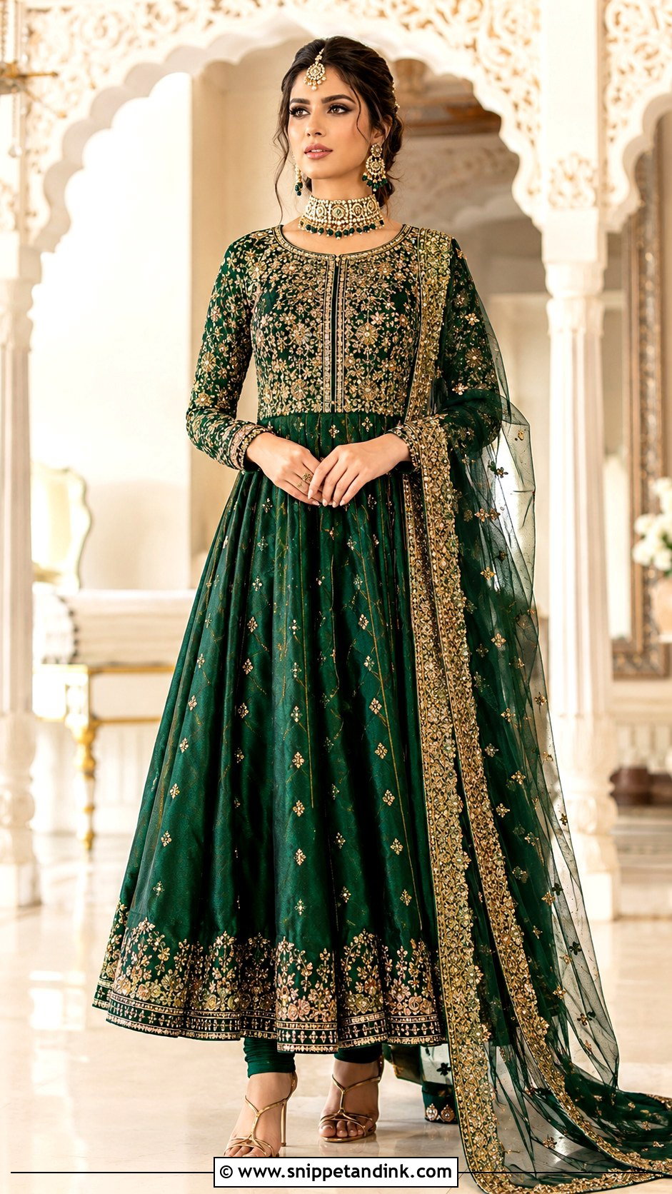 Emerald Green Anarkali With Antique Gold Work - Snippet and Ink - 20 Emerald Green Pakistani Bridal Dress Ideas