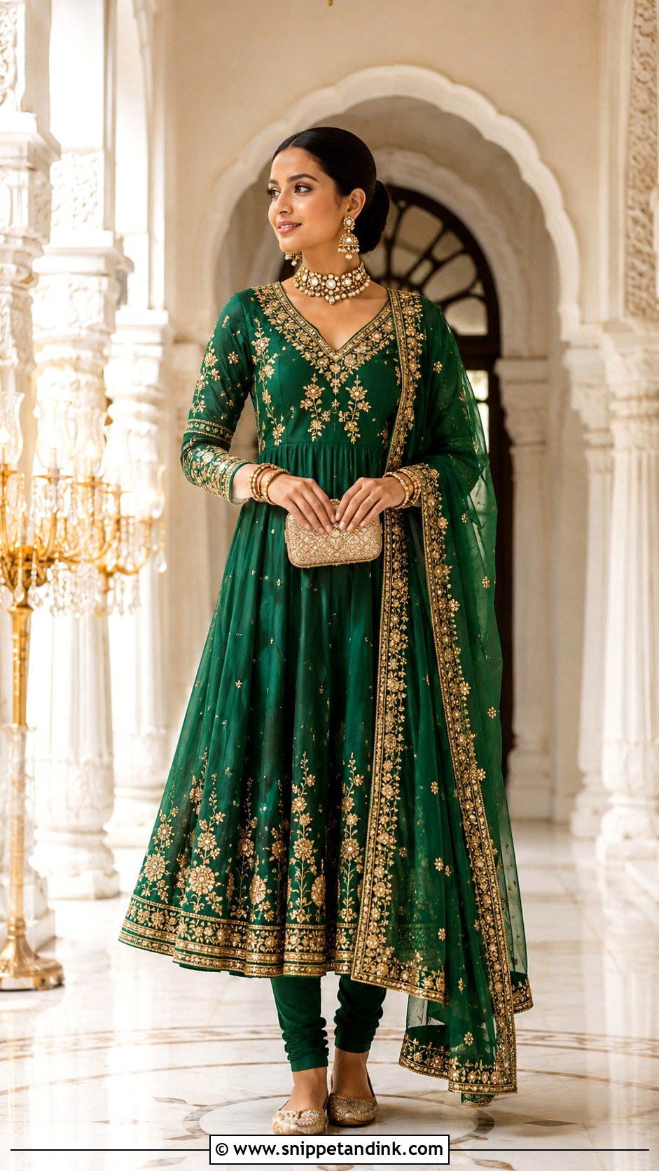 Emerald Green Anarkali With Gold Dupatta - Snippet and Ink - 20 South Asian Wedding Dress Ideas