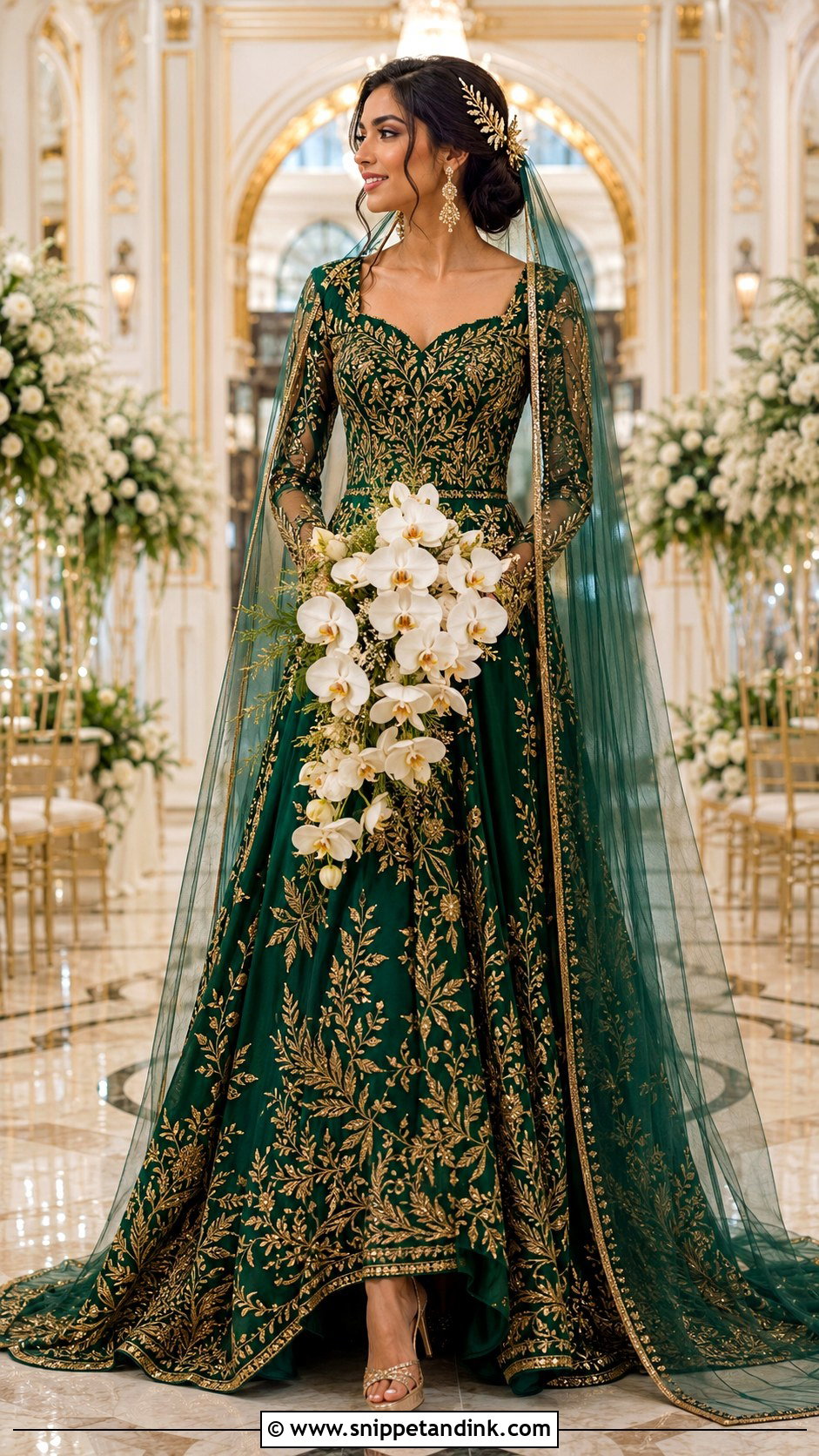 Emerald Green And Gold Embroidered Bridal Dress - Snippet and Ink - 20 Emerald Green Bridal Dress Ideas