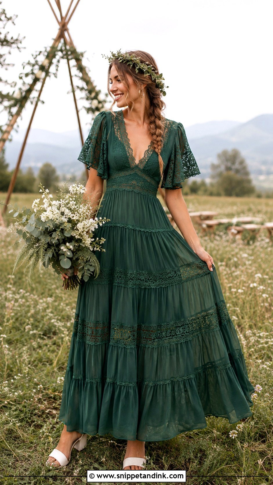 Emerald Green Boho Tiered Bridal Dress - Snippet and Ink - 20 Emerald Green Bridal Dress Ideas