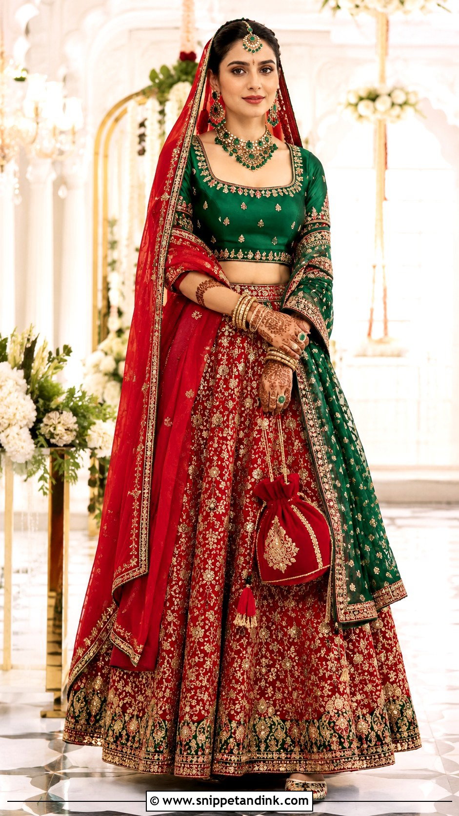 Emerald Green Bridal Choli With Red Lehenga - Snippet and Ink - 20 Bridal Choli Designs