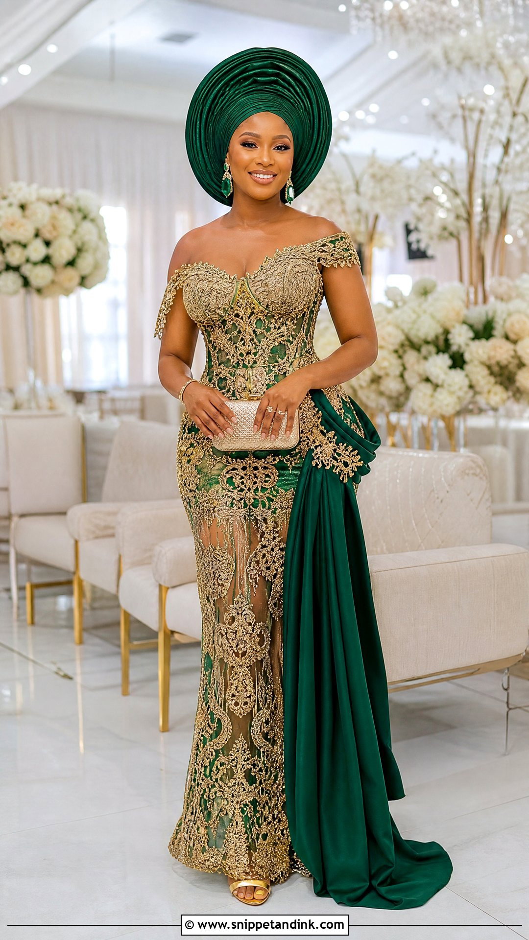 Emerald Green Bridal Gele With Gold Lace Dress - Snippet and Ink - 20 Bridal Gele Styles