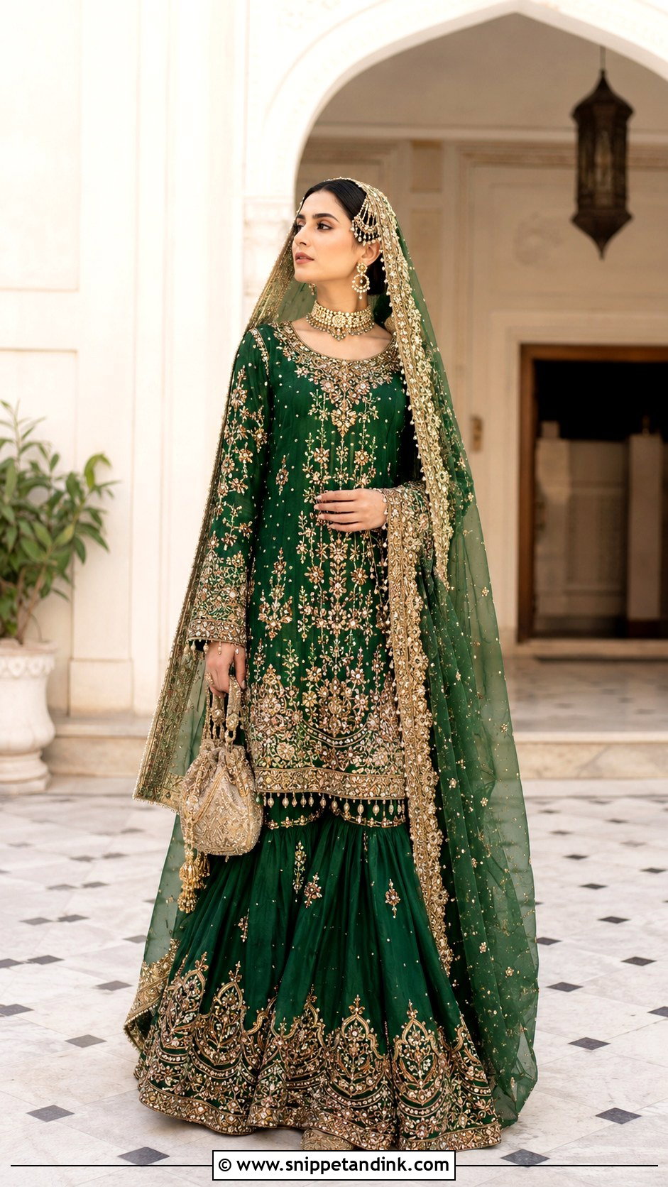 Emerald Green Bridal Gharara With Short Kurti - Snippet and Ink - 20 Emerald Green Pakistani Bridal Dress Ideas