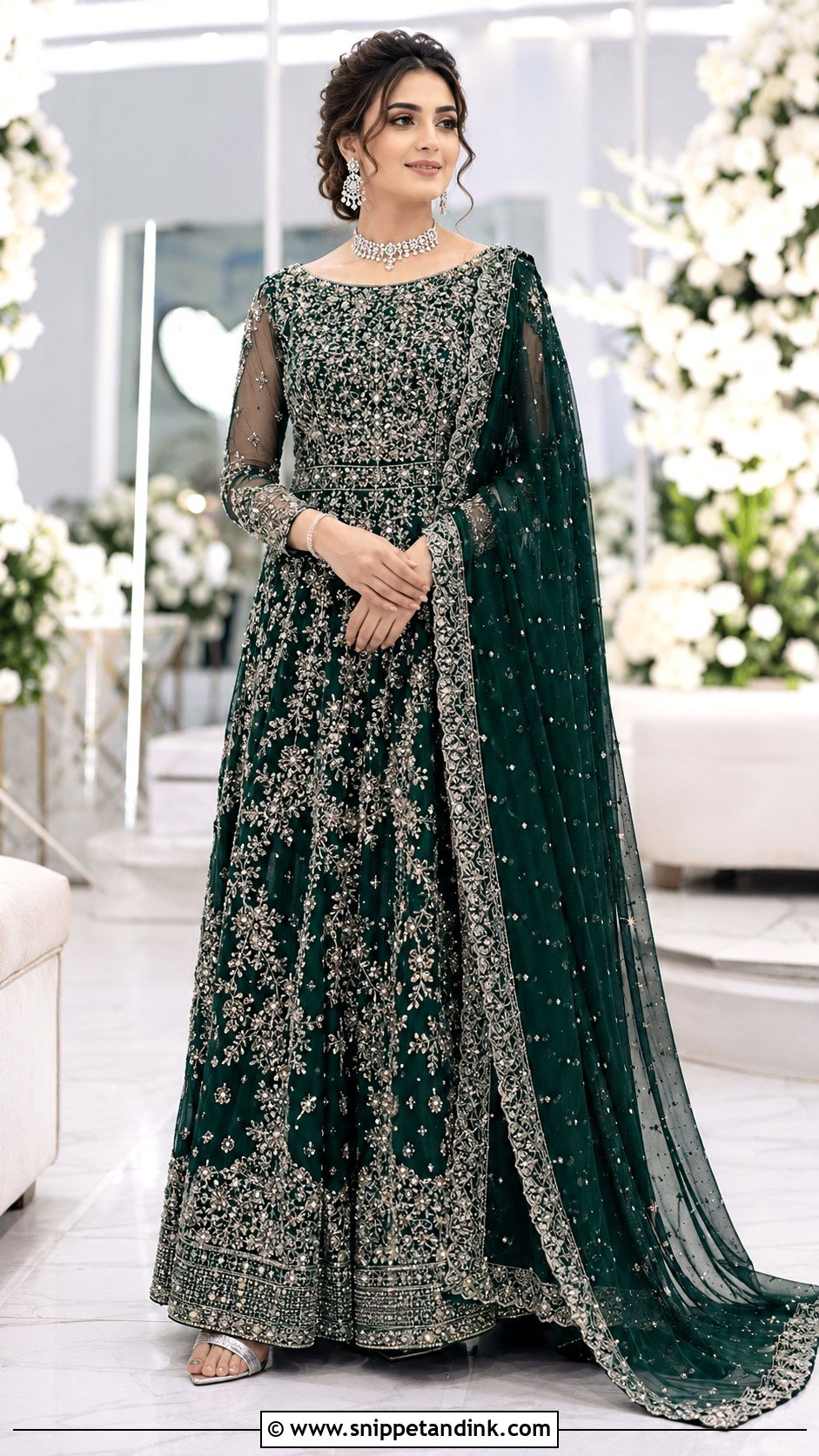 Emerald Green Bridal Gown With Silver Embroidery - Snippet and Ink - 20 Emerald Green Pakistani Bridal Dress Ideas