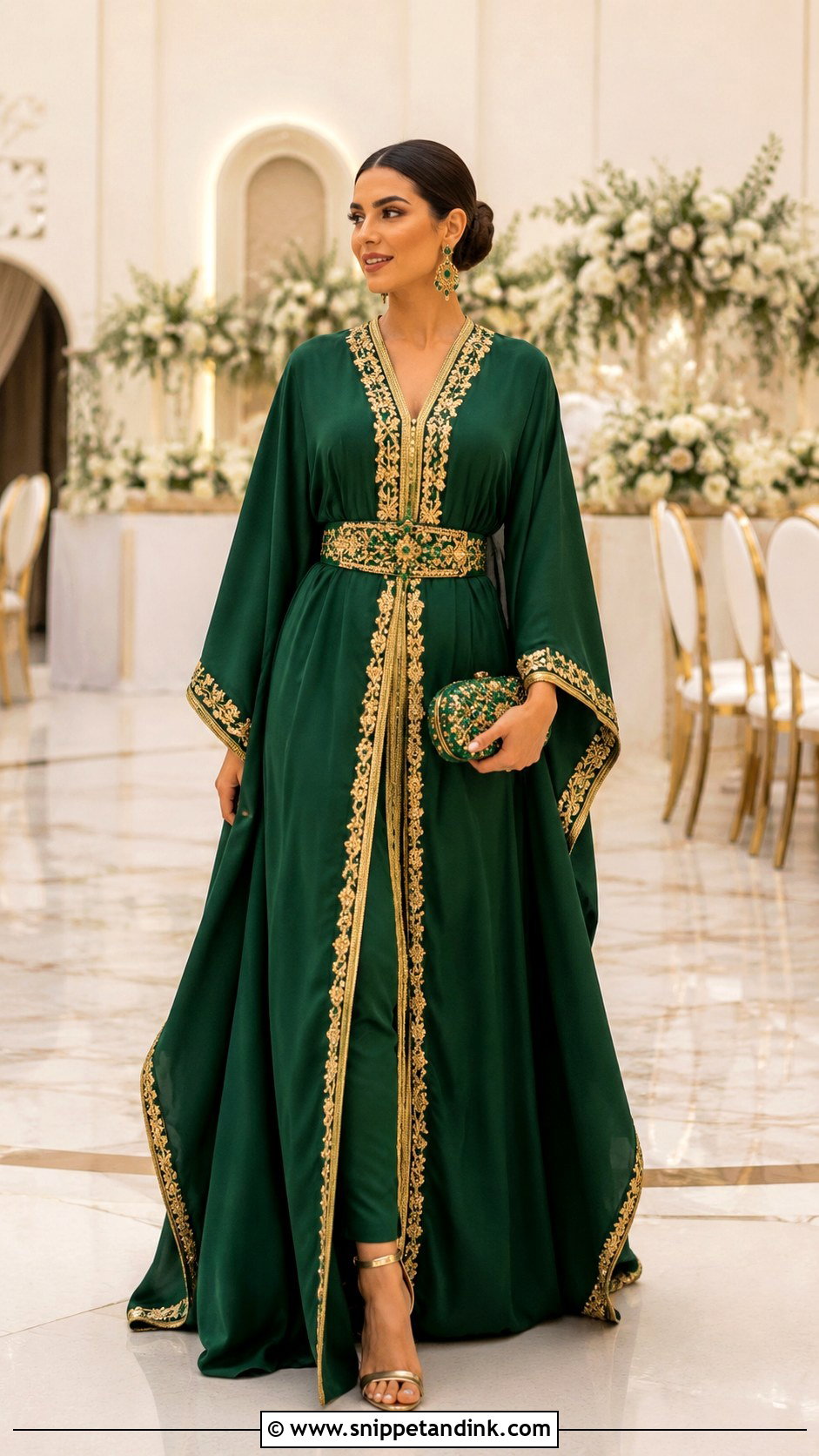 Emerald Green Bridal Kaftan With Gold Jewelry - Snippet and Ink - 20 Bridal Kaftan Ideas