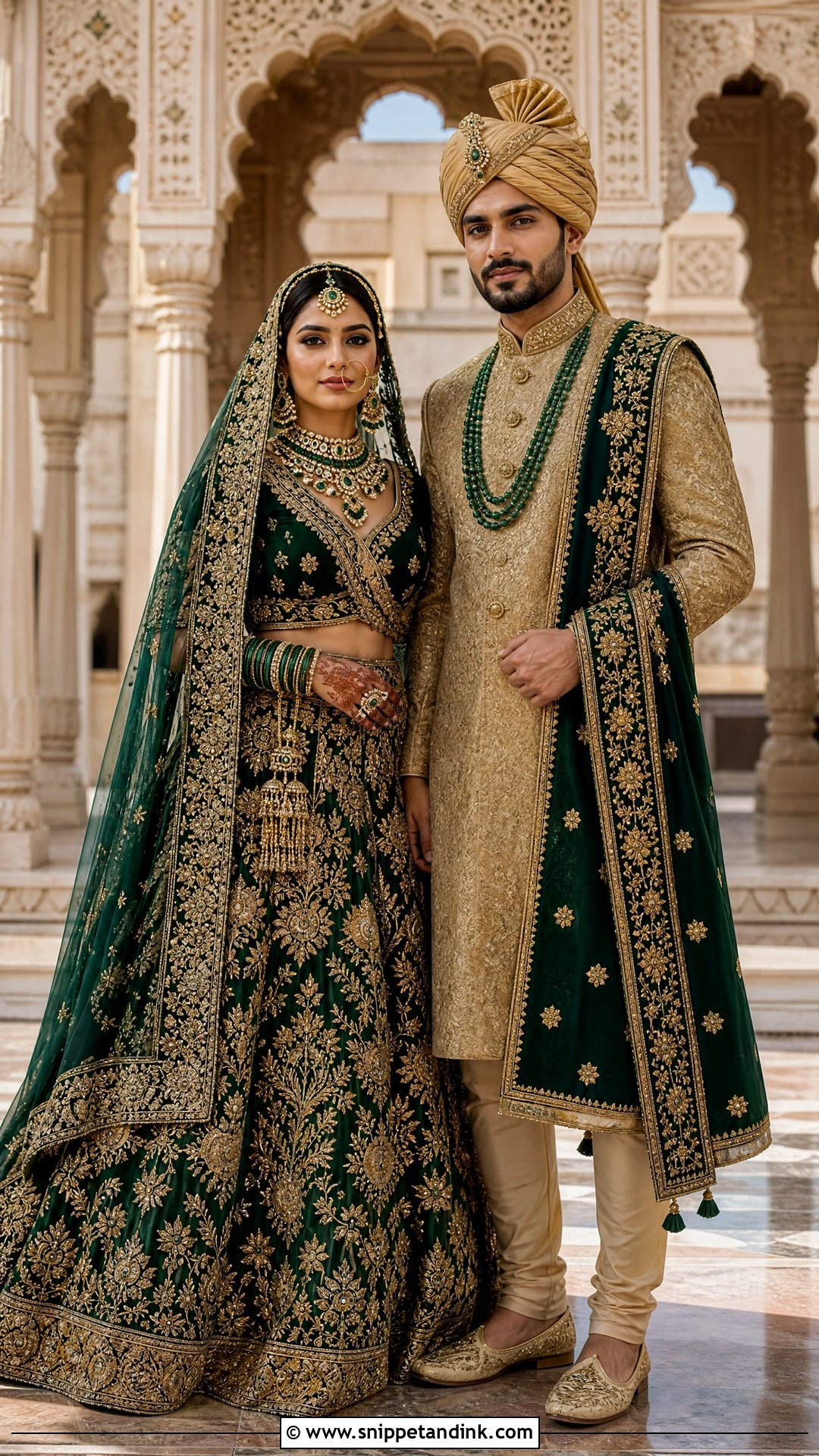 Emerald Green Bridal Lehenga And Gold Sherwani Couple Outfit - Snippet and Ink - 20 Indian Bridal Couple Dress Ideas