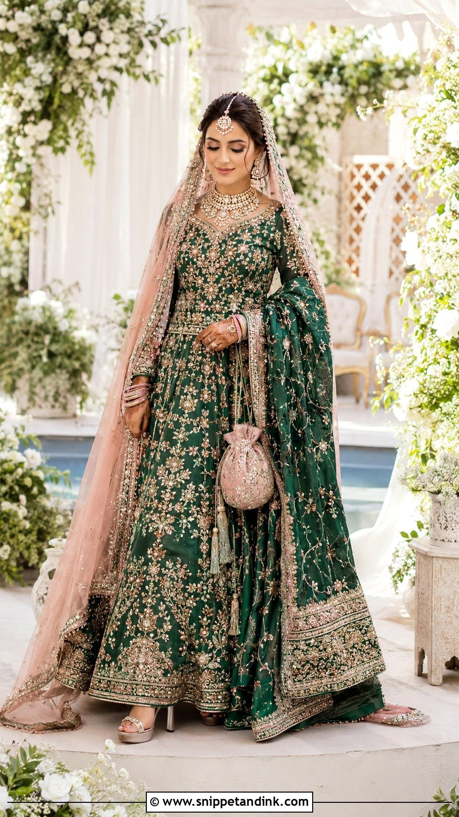 Emerald Green Bridal Lehenga With Blush Dupatta - Snippet and Ink - 20 Emerald Green Pakistani Bridal Dress Ideas