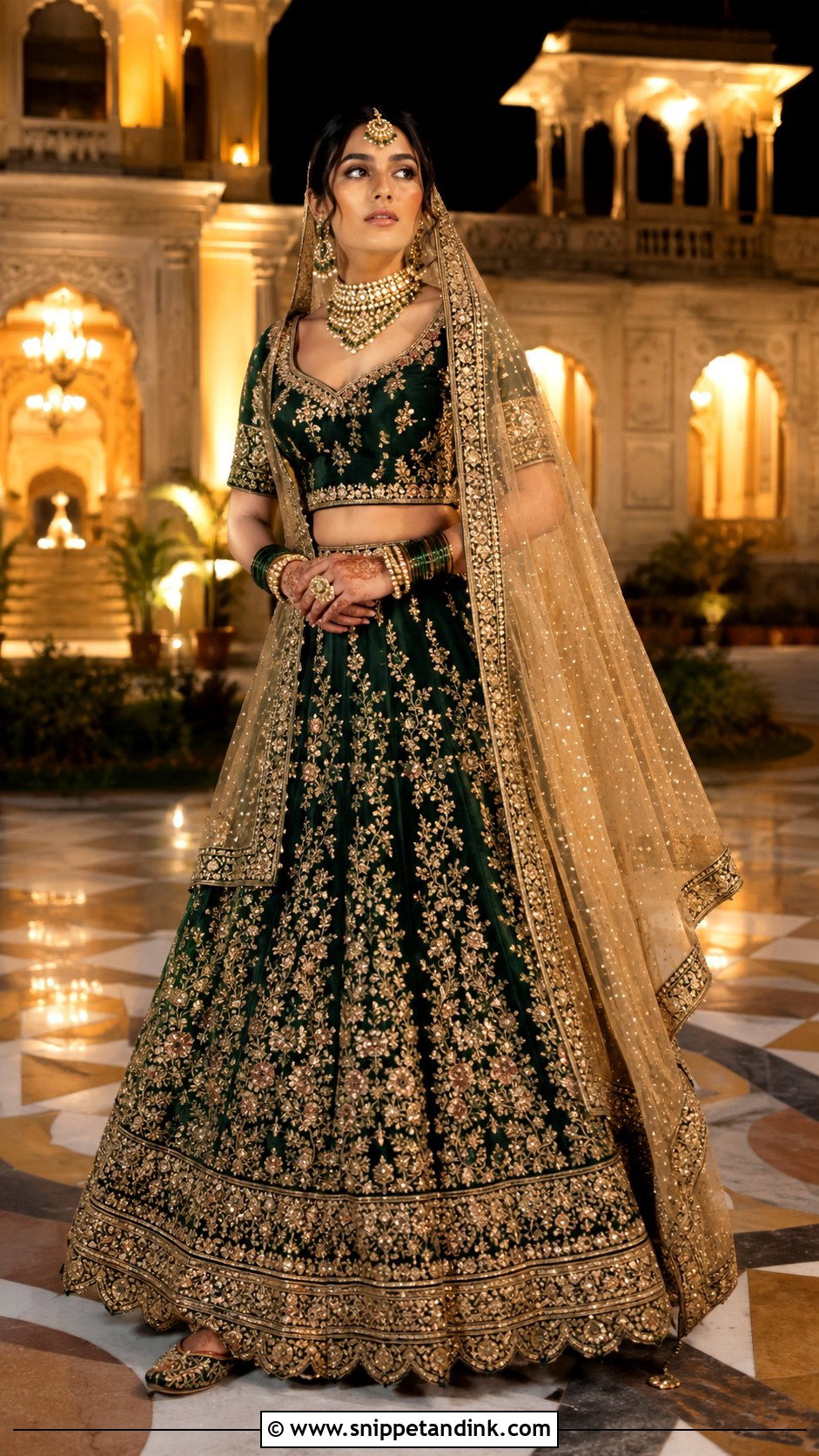 Emerald Green Bridal Lehenga With Gold Dupatta - Snippet and Ink - 25 Indian Weddings Bridal Lehnga Dress Ideas
