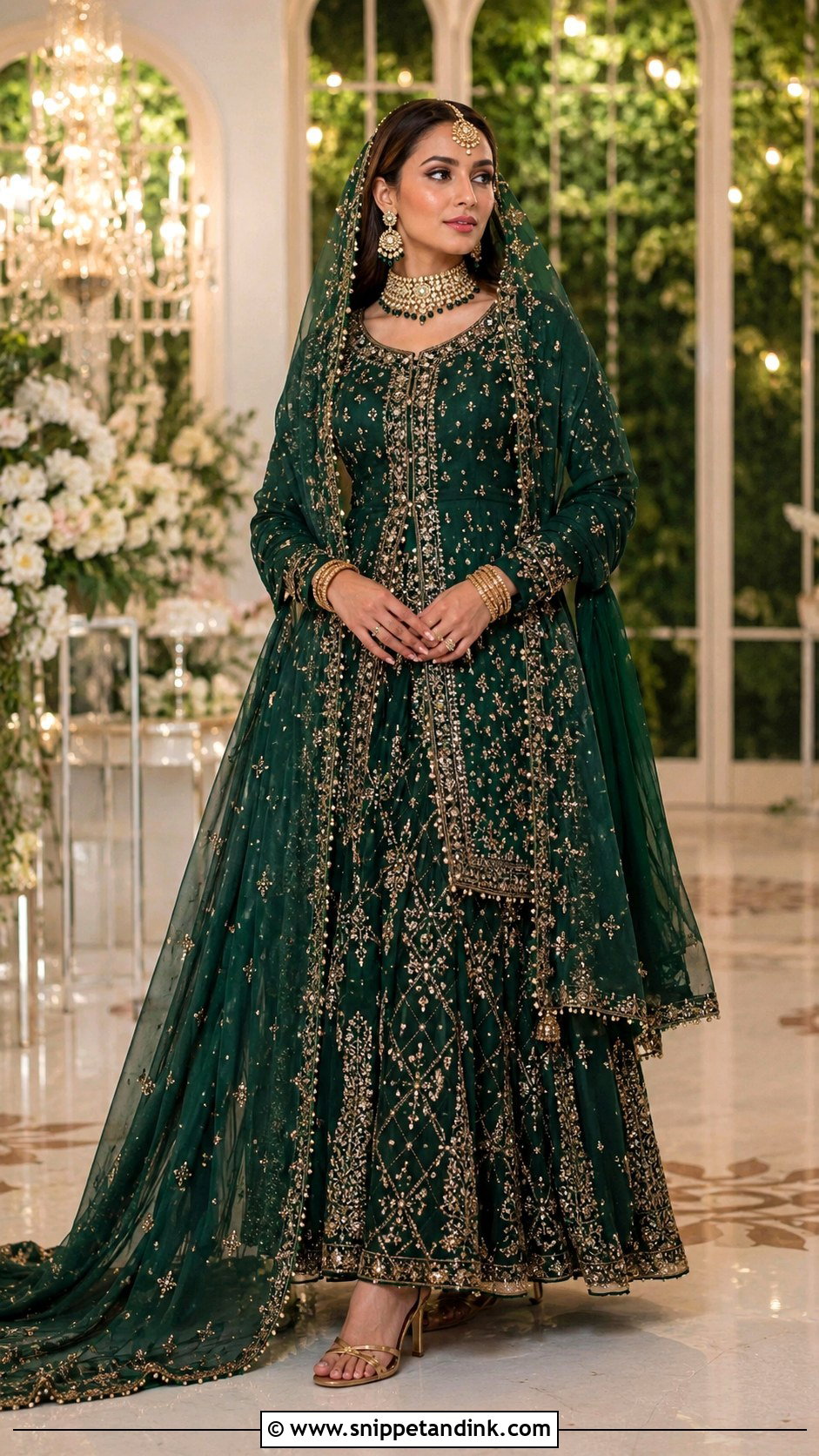 Emerald Green Bridal Lehenga With Gold Jewelry - Snippet and Ink - 30 Pakistani Wedding Dresses