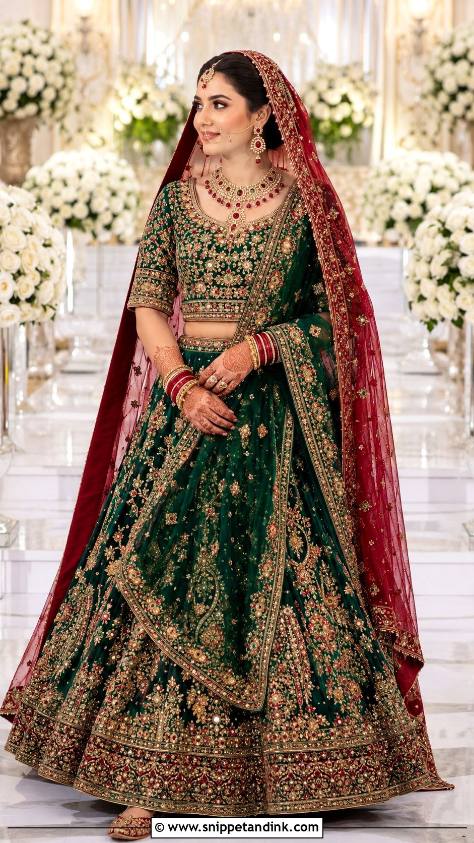 Emerald Green Bridal Lehenga With Red Dupatta - Snippet and Ink - 20 Emerald Green Pakistani Bridal Dress Ideas