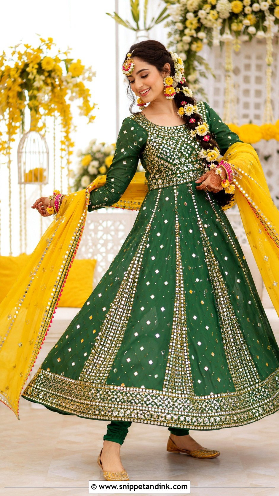 Emerald Green Bridal Pishwas With Mirror Work - Snippet and Ink - 20 Emerald Green Pakistani Bridal Dress Ideas