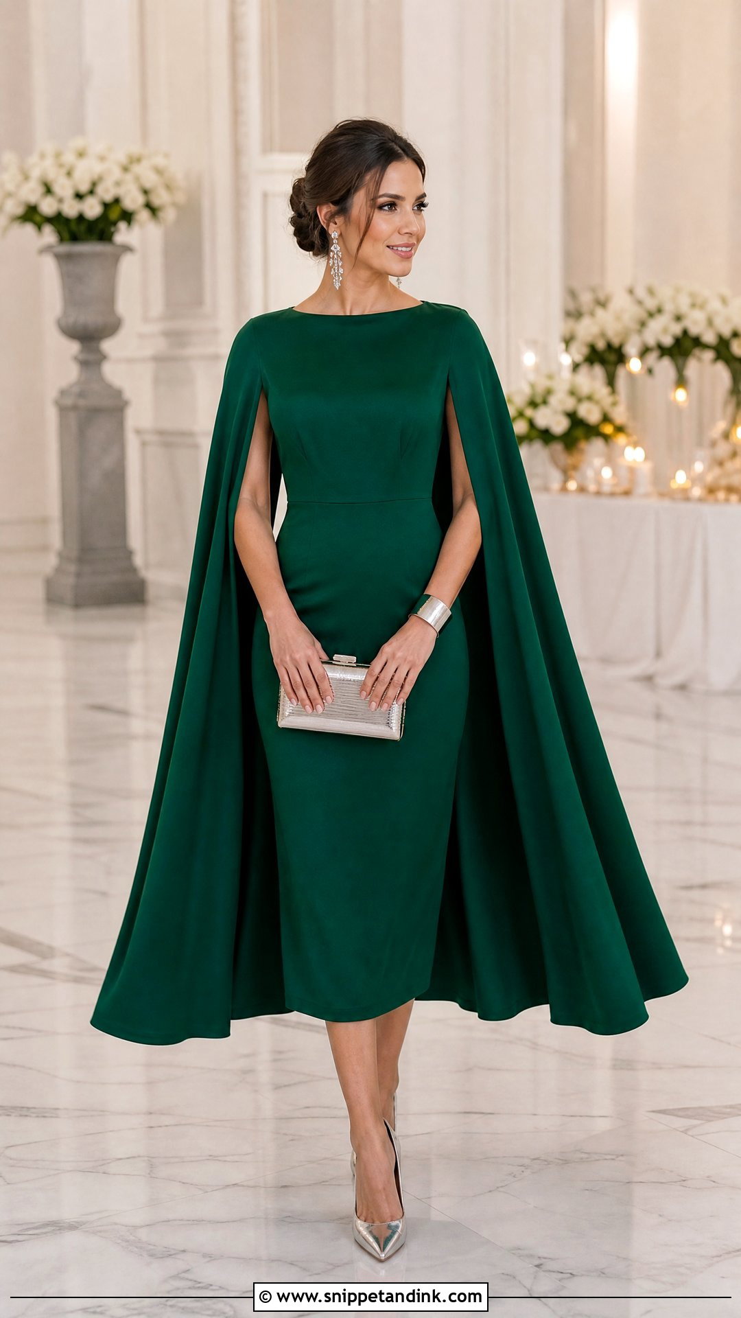 Emerald Green Cape Dress With Silver Accessories - Snippet and Ink - 25 Emerald Green Dress Outfit Wedding Ideas