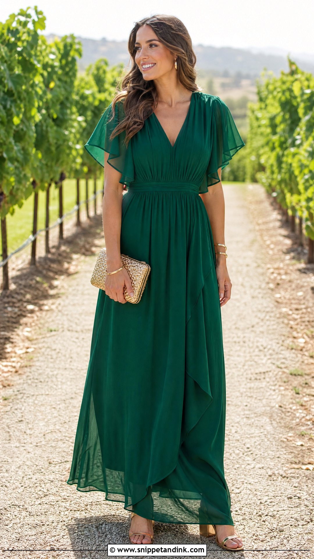Emerald Green Chiffon Maxi Dress With Gold Sandals - Snippet and Ink - 25 Emerald Green Dress Outfit Wedding Ideas