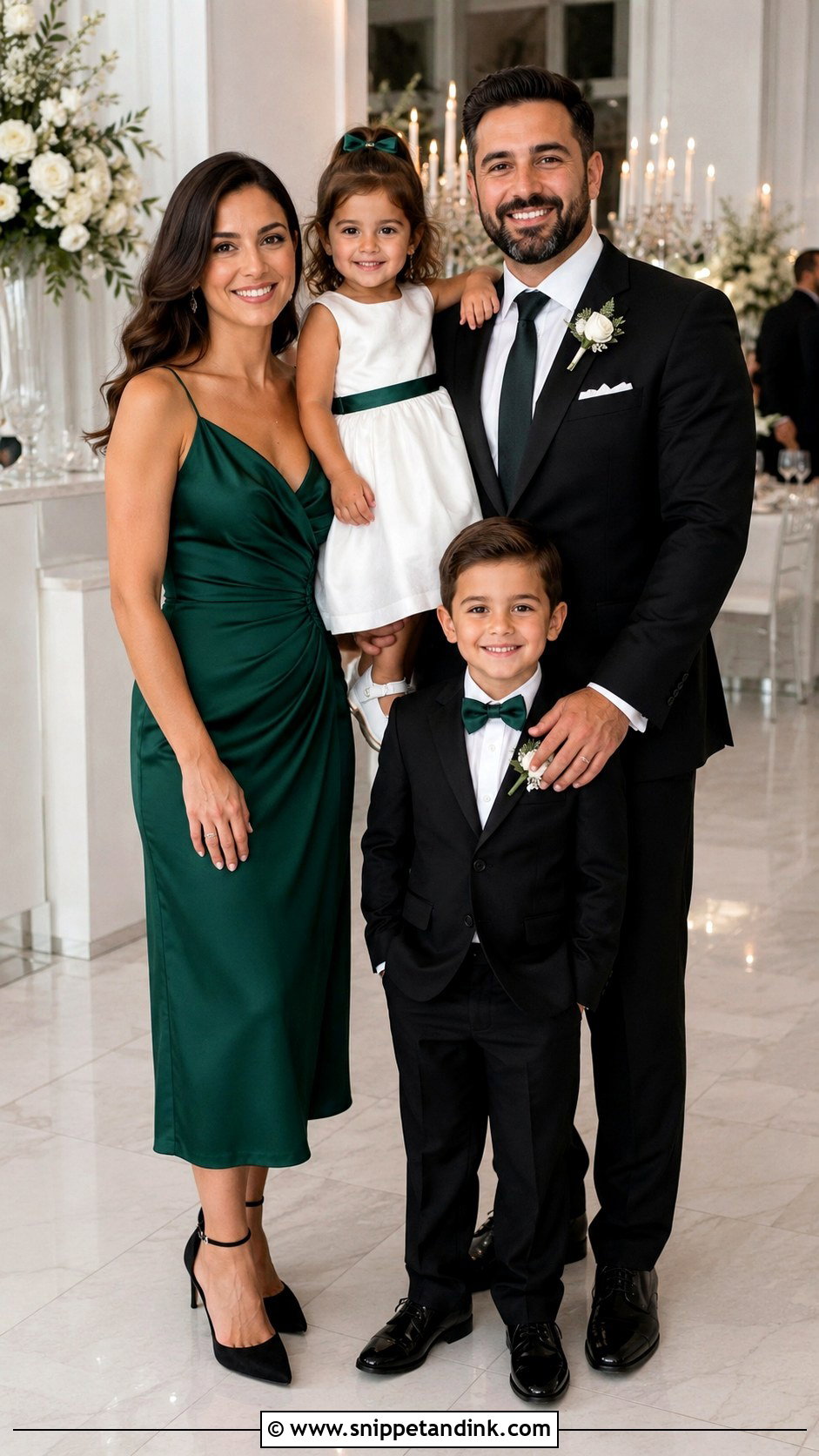 Emerald Green Dress And Black Suit Family Wedding Outfit - Snippet and Ink - 25 Family Wedding Outfits