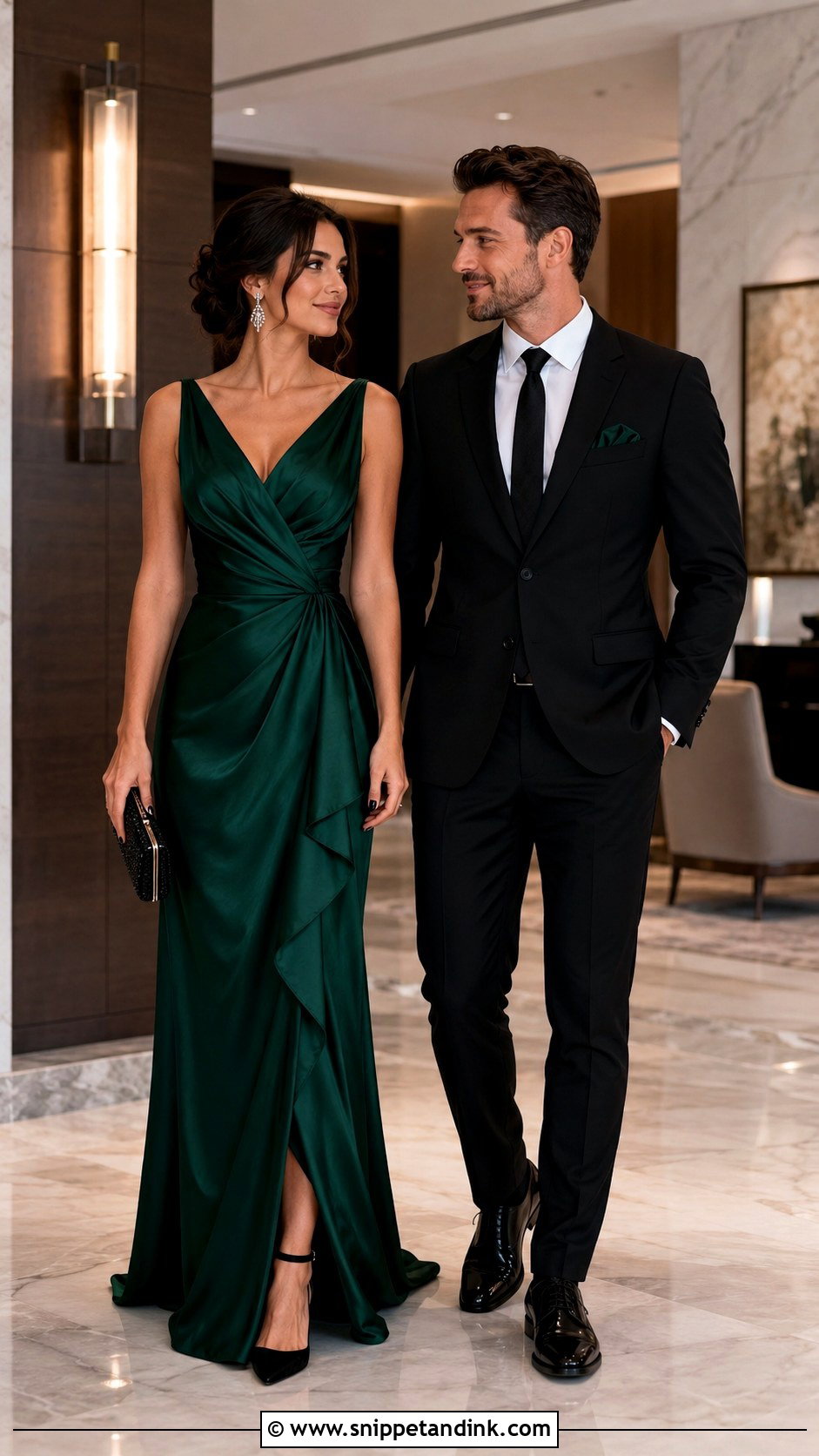 Emerald Green Dress and Black Suit Wedding Couple Outfit - Snippet and Ink - 20 Matching Couple Outfits for Wedding