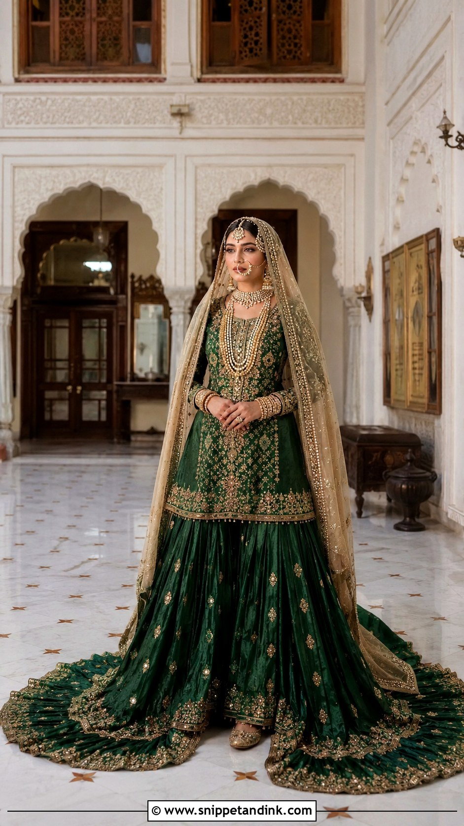 Emerald Green Farshi Gharara With Tissue Dupatta - Snippet and Ink - 20 Emerald Green Pakistani Bridal Dress Ideas