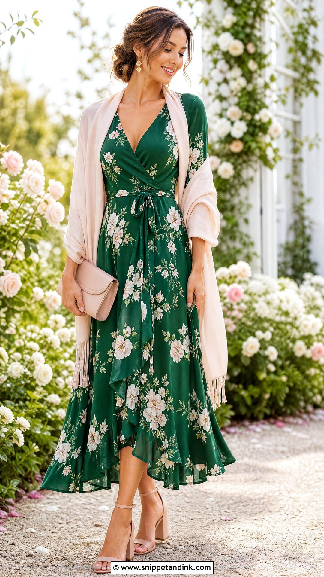 Emerald Green Floral Dress With Blush Accessories - Snippet and Ink - 25 Emerald Green Dress Outfit Wedding Ideas