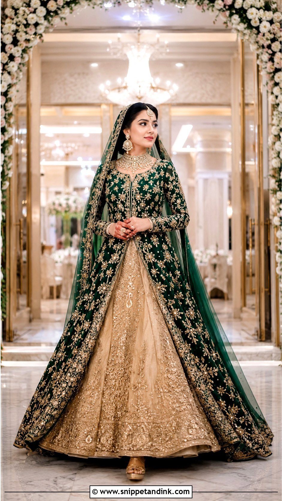 Emerald Green Front Open Gown With Lehenga - Snippet and Ink - 20 Emerald Green Pakistani Bridal Dress Ideas
