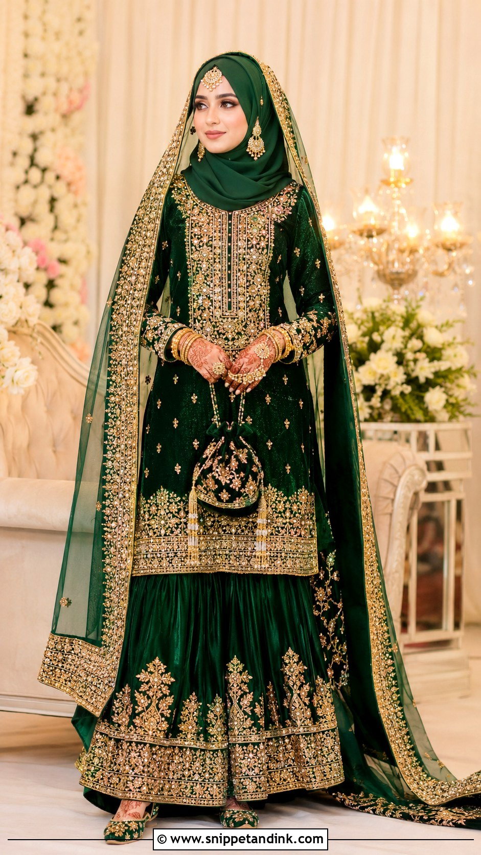 Emerald Green Gharara Hijab Dulhan Look - Snippet and Ink - 20 Hijab Dulhan Ideas