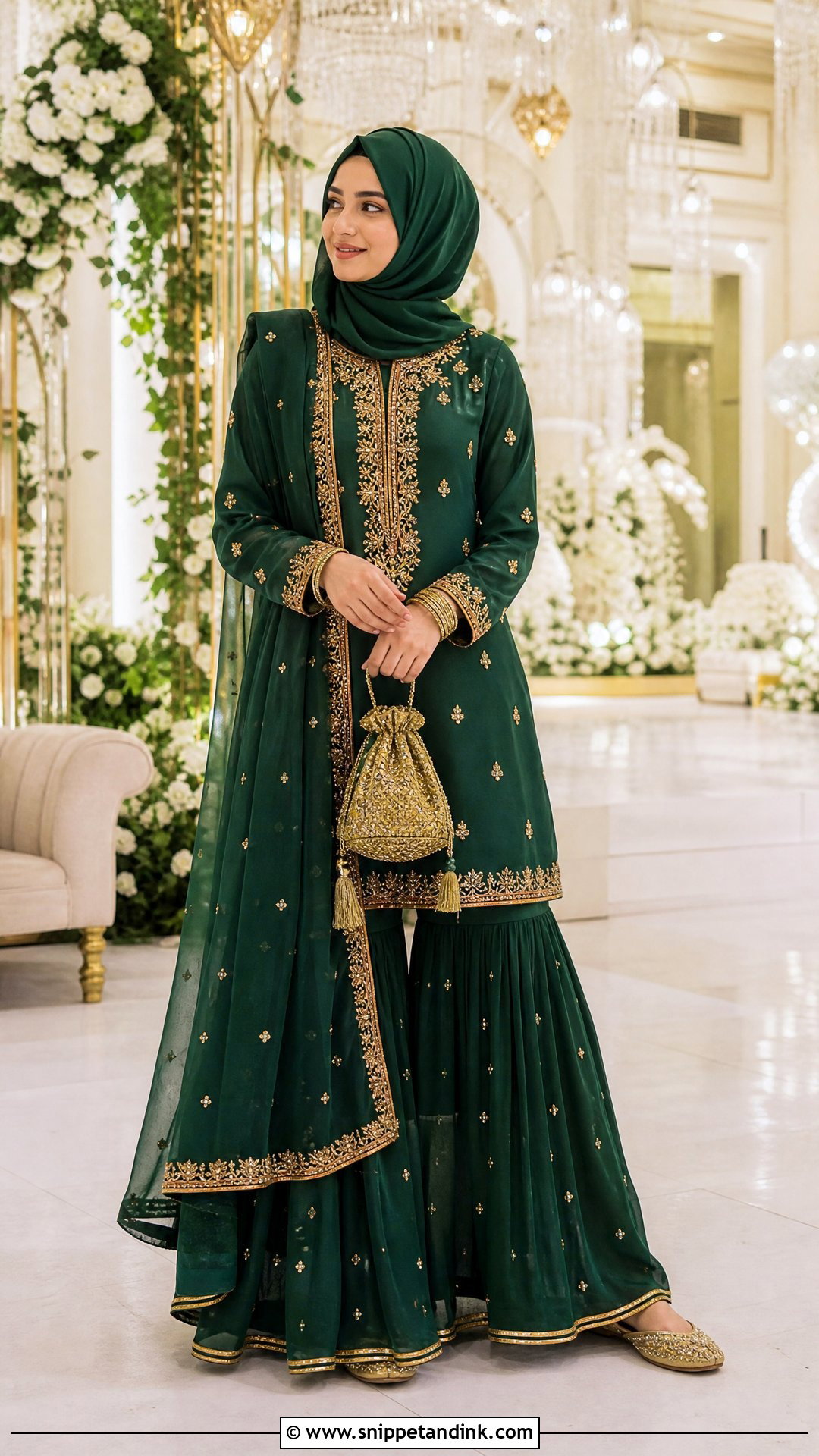 Emerald Green Gharara With Chiffon Hijab - Snippet and Ink - 20 Pakistani Hijab for Wedding Party Ideas