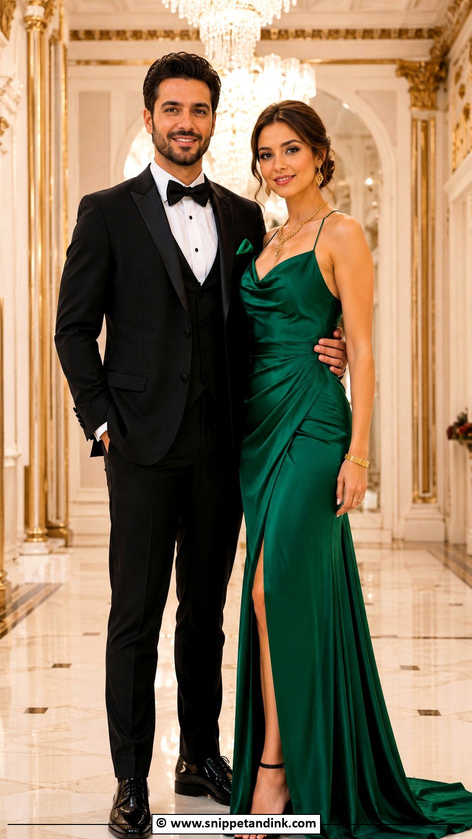 Emerald Green Gown And Black Tuxedo Wedding Matching Outfit - Snippet and Ink - 35 Wedding Matching Outfits