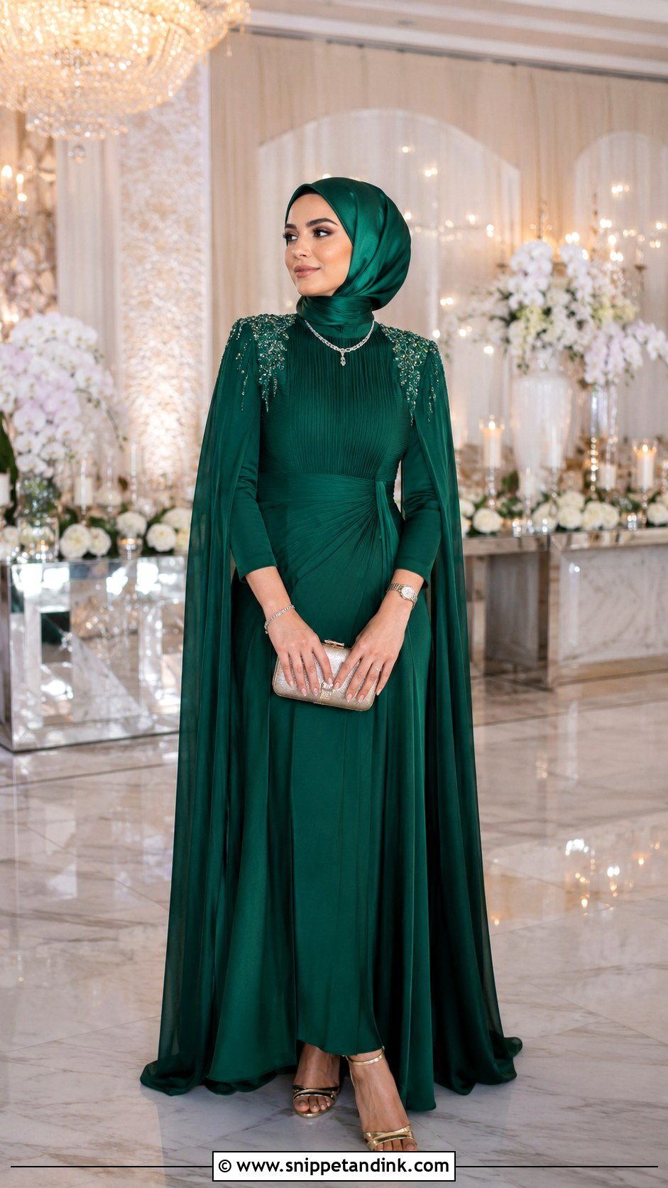Emerald Green Gown With Satin Hijab - Snippet and Ink - 30 Wedding Hijab Styles