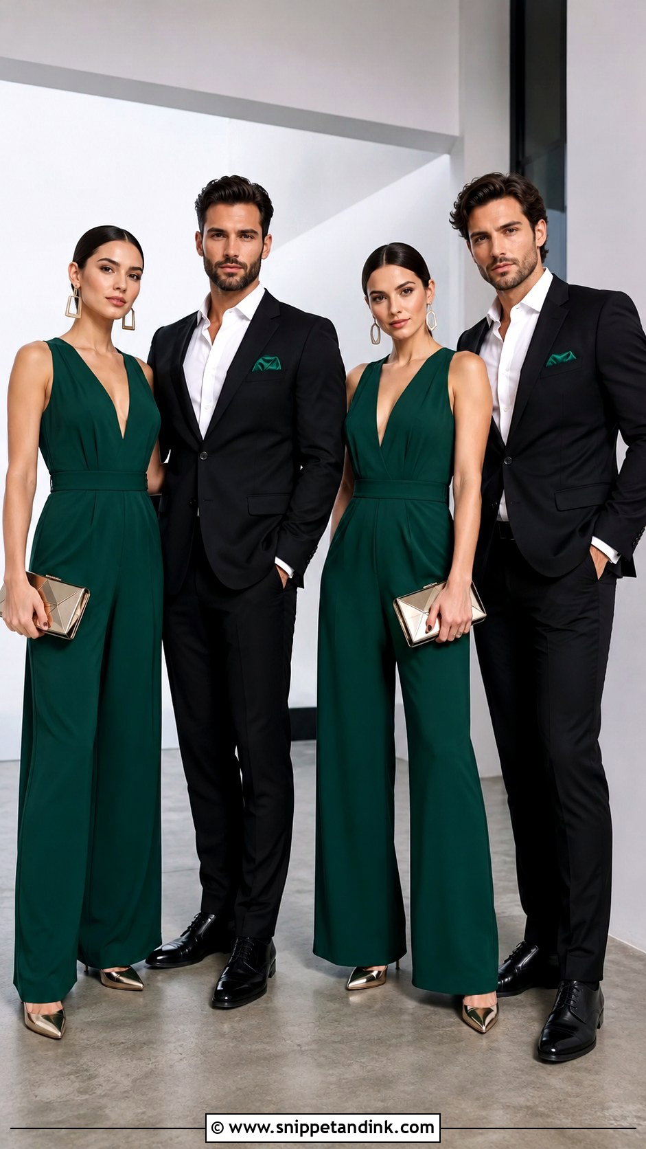 Emerald Green Jumpsuits With Black Formalwear - Snippet and Ink - 20 Green Wedding Party Attire Ideas