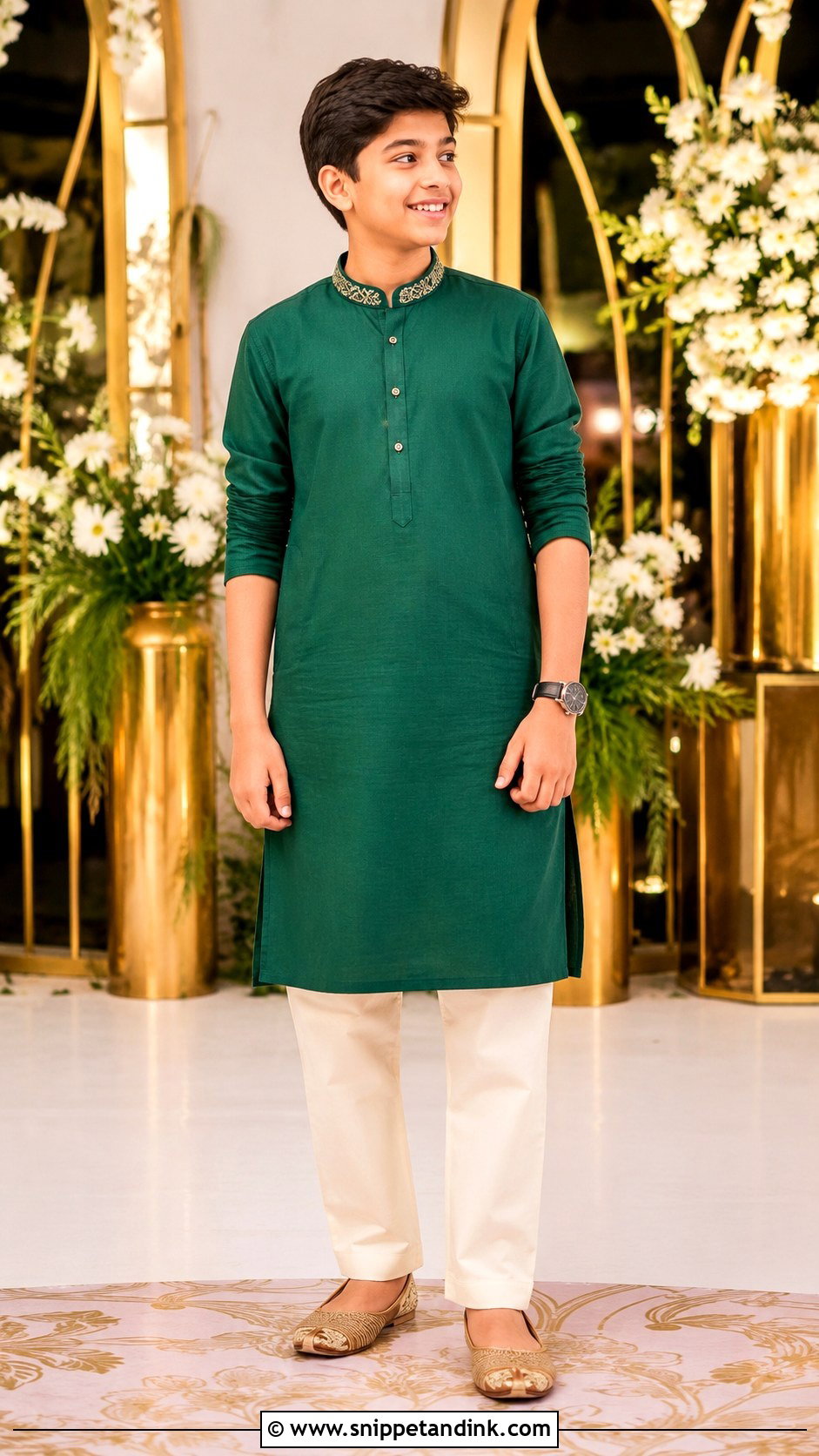 Emerald Green Kurta Pajama With Juttis - Snippet and Ink - 20 Boys Sangeet Outfit Ideas