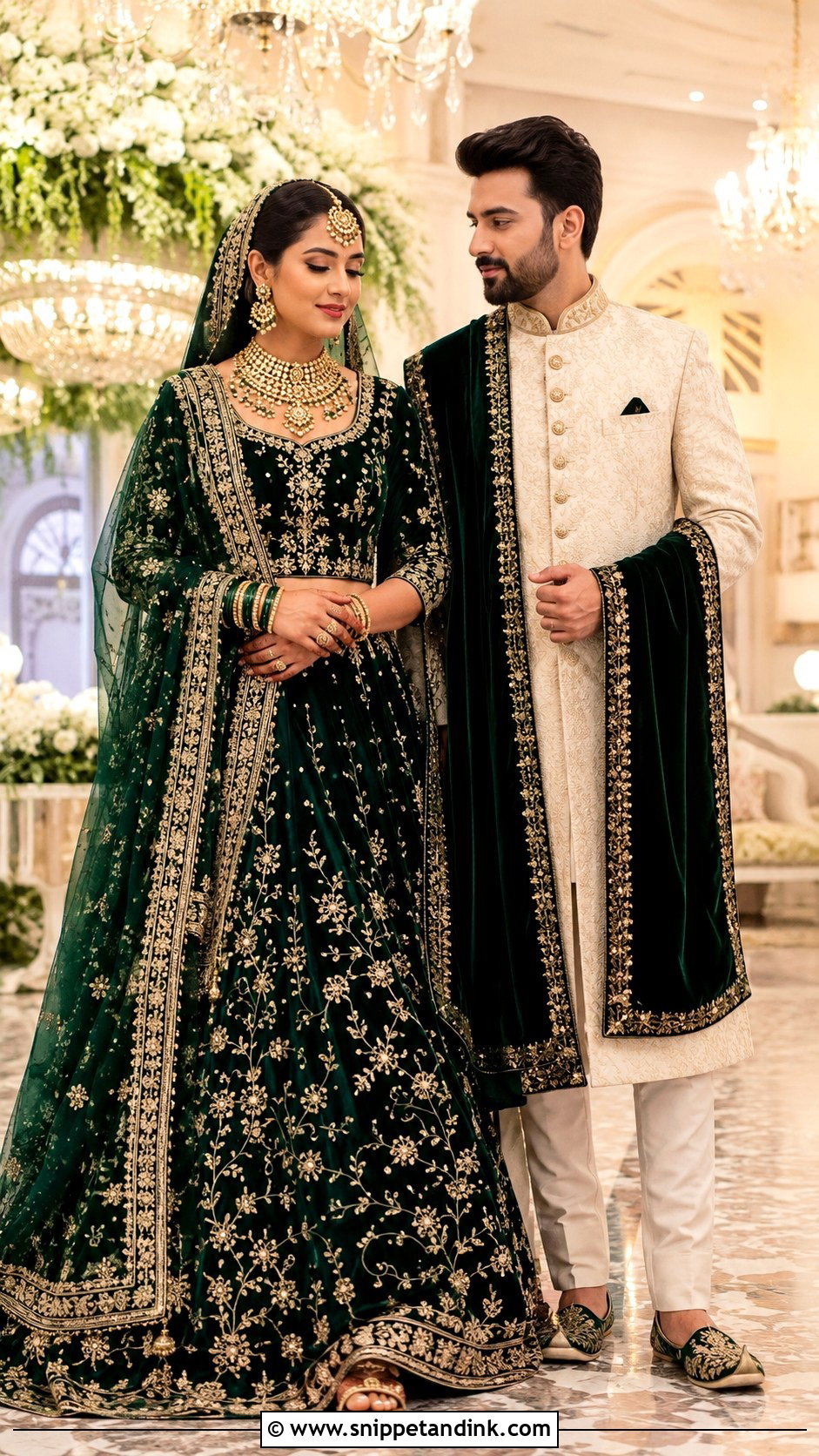 Emerald Green Lehenga And Cream Sherwani Wedding Couple Dress Combination - Snippet and Ink - 25 Wedding Couple Dress Combination Ideas