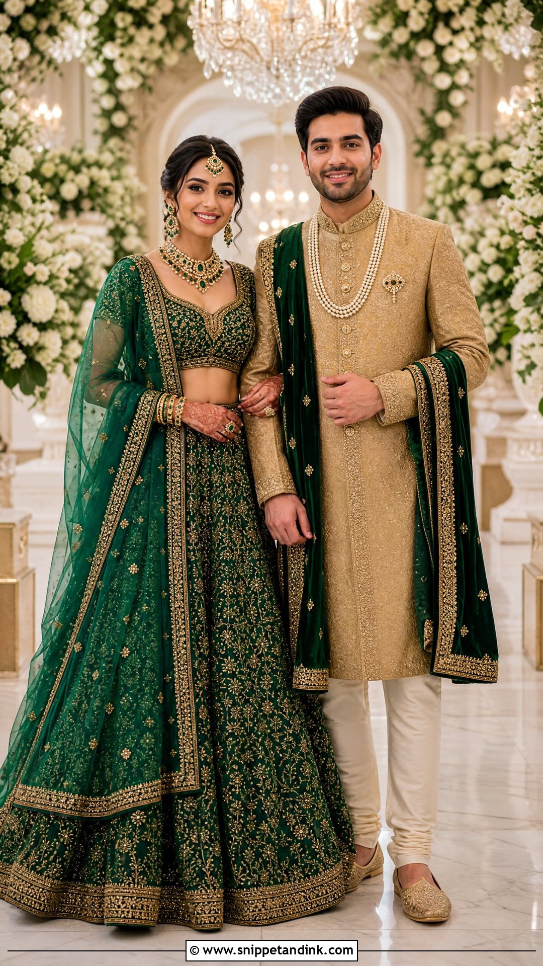 Emerald Green Lehenga And Gold Sherwani - Snippet and Ink - 25 Indian Wedding Couple Dress Ideas